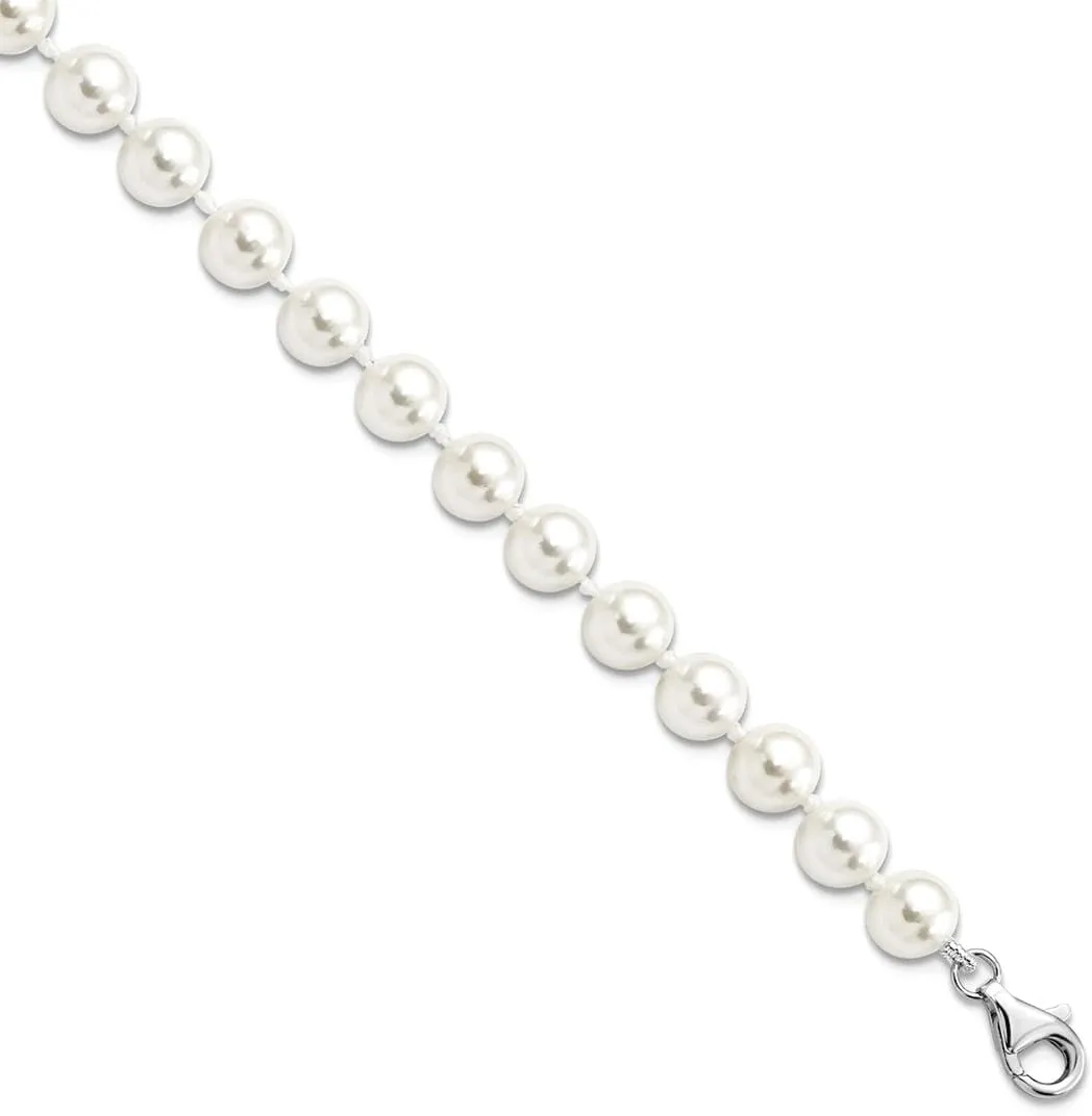 JewelryWeb 925 Sterling Silver Majestik Rhodium Plated7 8mm Imitat Shell Pearl and CZ With 2 Inch Extension Anklet 8.5 Inch-Anklet for Women