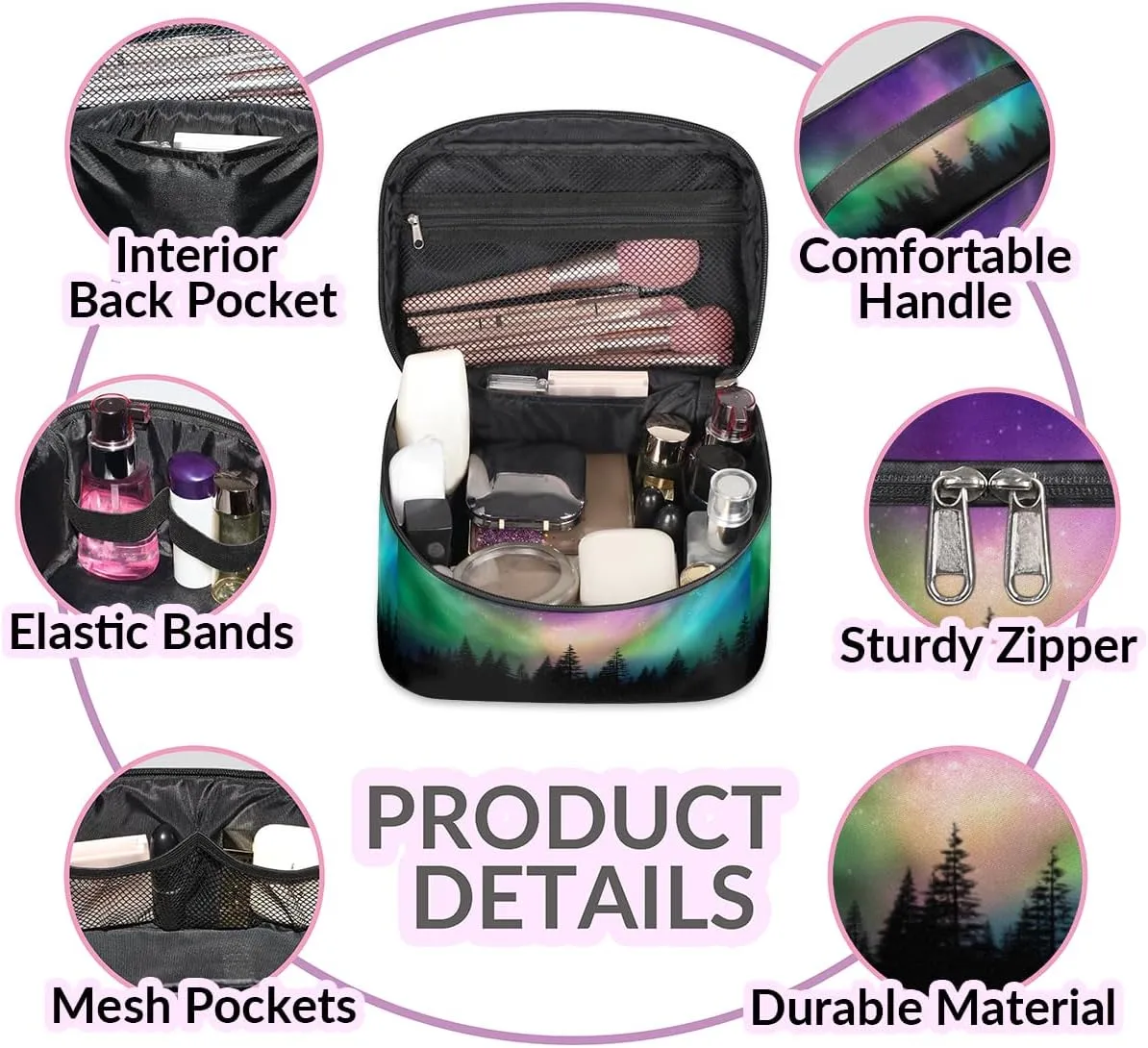 Large Makeup Bag Northern Lights Forest Cosmetic Bag, Aurora Borealis Travel Toiletry Bag for Women Cute Skincare Pouches with Handle,Portable Aesthetic Makeup Box Organizer Case for Girls