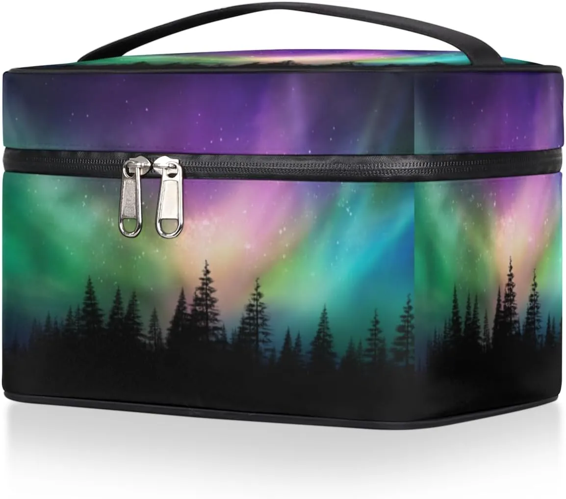 Large Makeup Bag Northern Lights Forest Cosmetic Bag, Aurora Borealis Travel Toiletry Bag for Women Cute Skincare Pouches with Handle,Portable Aesthetic Makeup Box Organizer Case for Girls