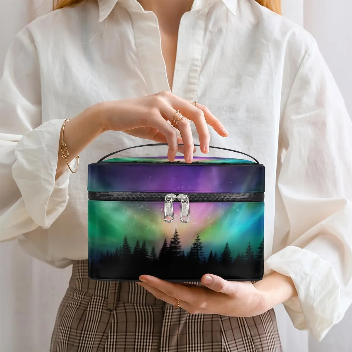 Large Makeup Bag Northern Lights Forest Cosmetic Bag, Aurora Borealis Travel Toiletry Bag for Women Cute Skincare Pouches with Handle,Portable Aesthetic Makeup Box Organizer Case for Girls