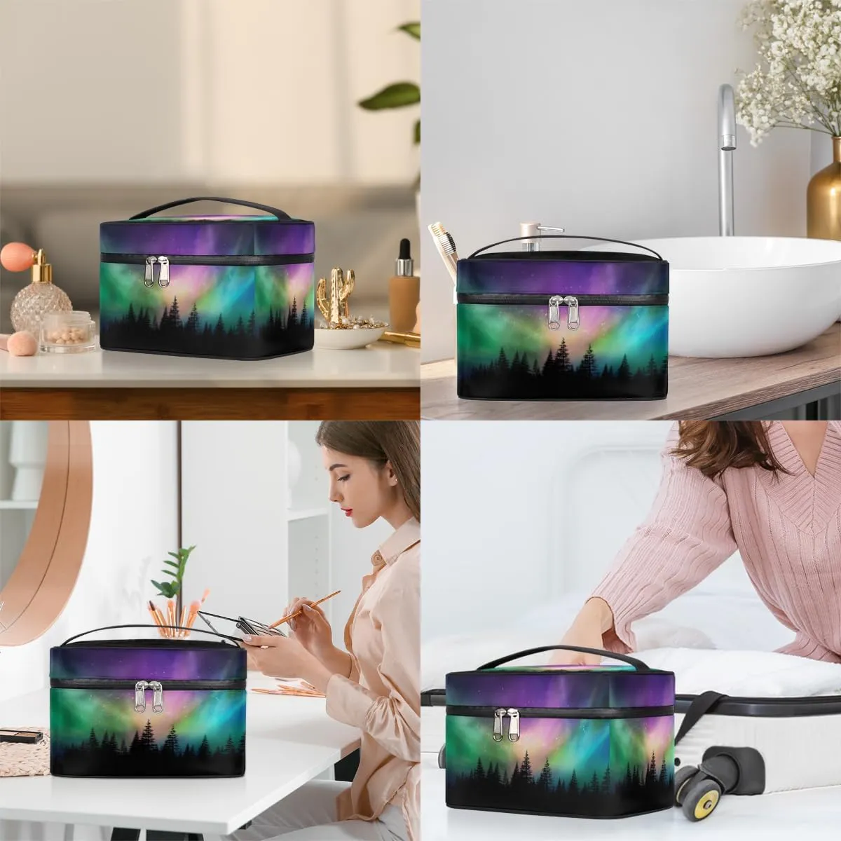 Large Makeup Bag Northern Lights Forest Cosmetic Bag, Aurora Borealis Travel Toiletry Bag for Women Cute Skincare Pouches with Handle,Portable Aesthetic Makeup Box Organizer Case for Girls