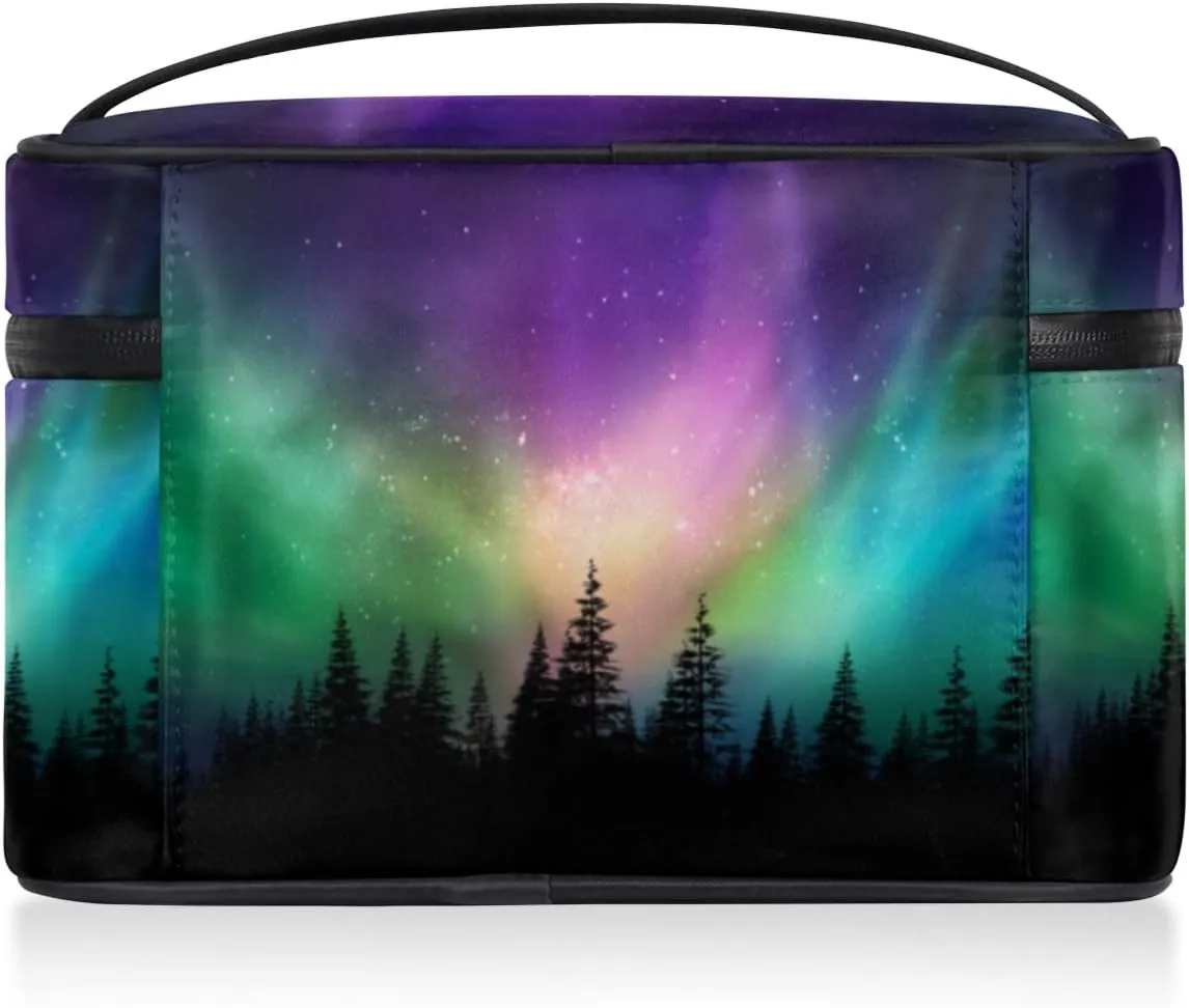 Large Makeup Bag Northern Lights Forest Cosmetic Bag, Aurora Borealis Travel Toiletry Bag for Women Cute Skincare Pouches with Handle,Portable Aesthetic Makeup Box Organizer Case for Girls
