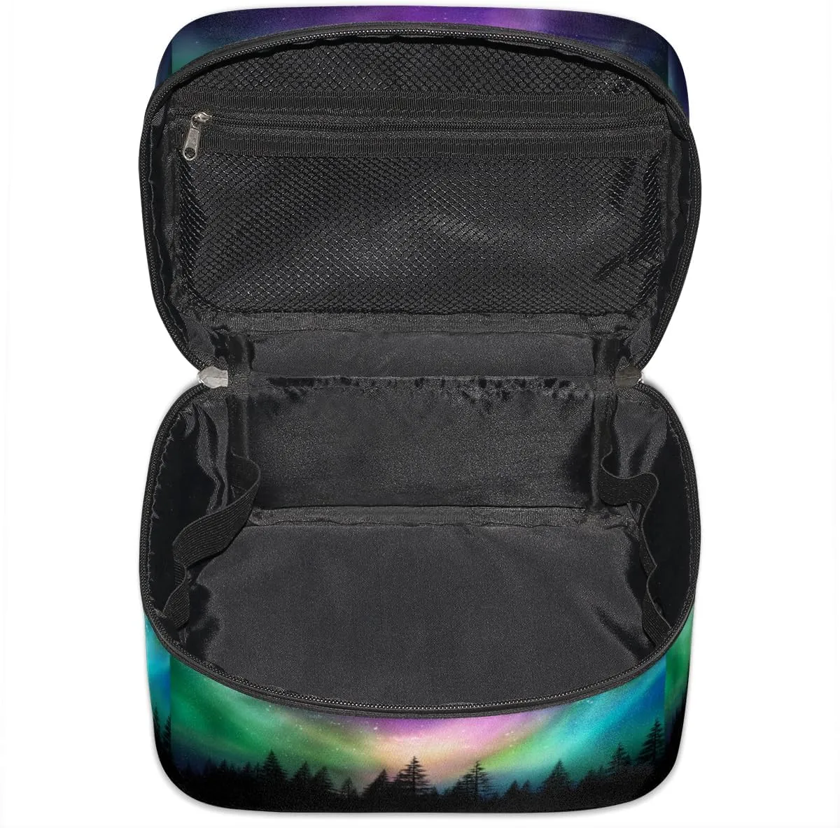 Large Makeup Bag Northern Lights Forest Cosmetic Bag, Aurora Borealis Travel Toiletry Bag for Women Cute Skincare Pouches with Handle,Portable Aesthetic Makeup Box Organizer Case for Girls