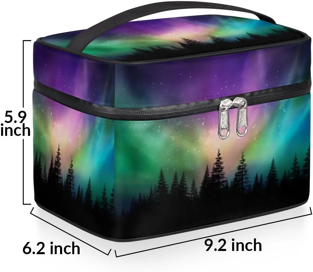 Large Makeup Bag Northern Lights Forest Cosmetic Bag, Aurora Borealis Travel Toiletry Bag for Women Cute Skincare Pouches with Handle,Portable Aesthetic Makeup Box Organizer Case for Girls