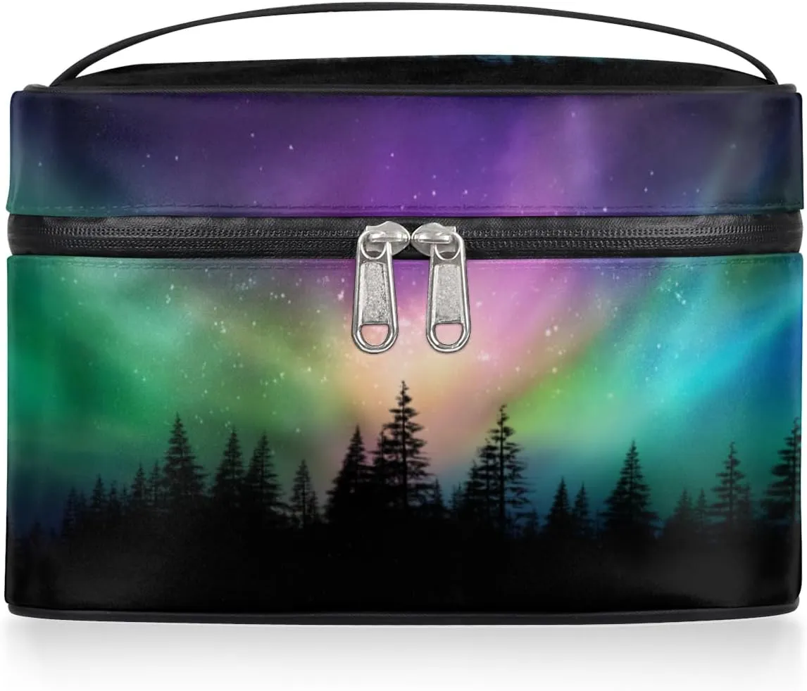 Large Makeup Bag Northern Lights Forest Cosmetic Bag, Aurora Borealis Travel Toiletry Bag for Women Cute Skincare Pouches with Handle,Portable Aesthetic Makeup Box Organizer Case for Girls