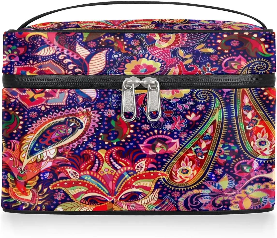 Large Makeup Bag Paisley Print Cosmetic Bag, Travel Toiletry Bag for Women Cute Skincare Pouches with Handle Divider,Portable Aesthetic Makeup Box Organizer Bag for Girls