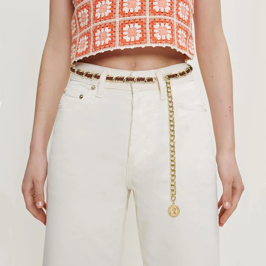 Leather Chain Belts for Women Girls, Layered Body Chain Belts Metal Waist Chain for Dress Vest Jeans