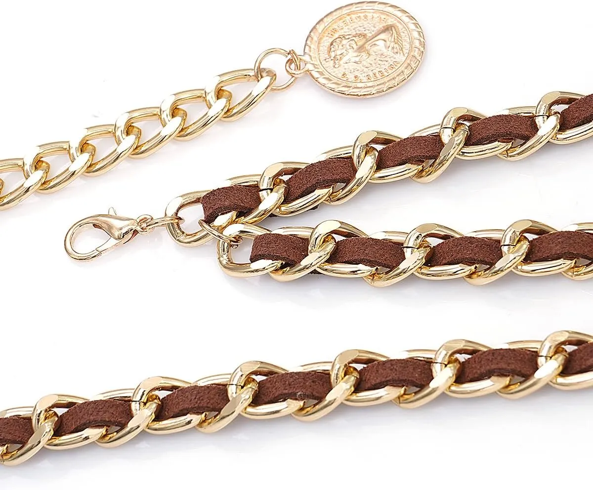 Leather Chain Belts for Women Girls, Layered Body Chain Belts Metal Waist Chain for Dress Vest Jeans
