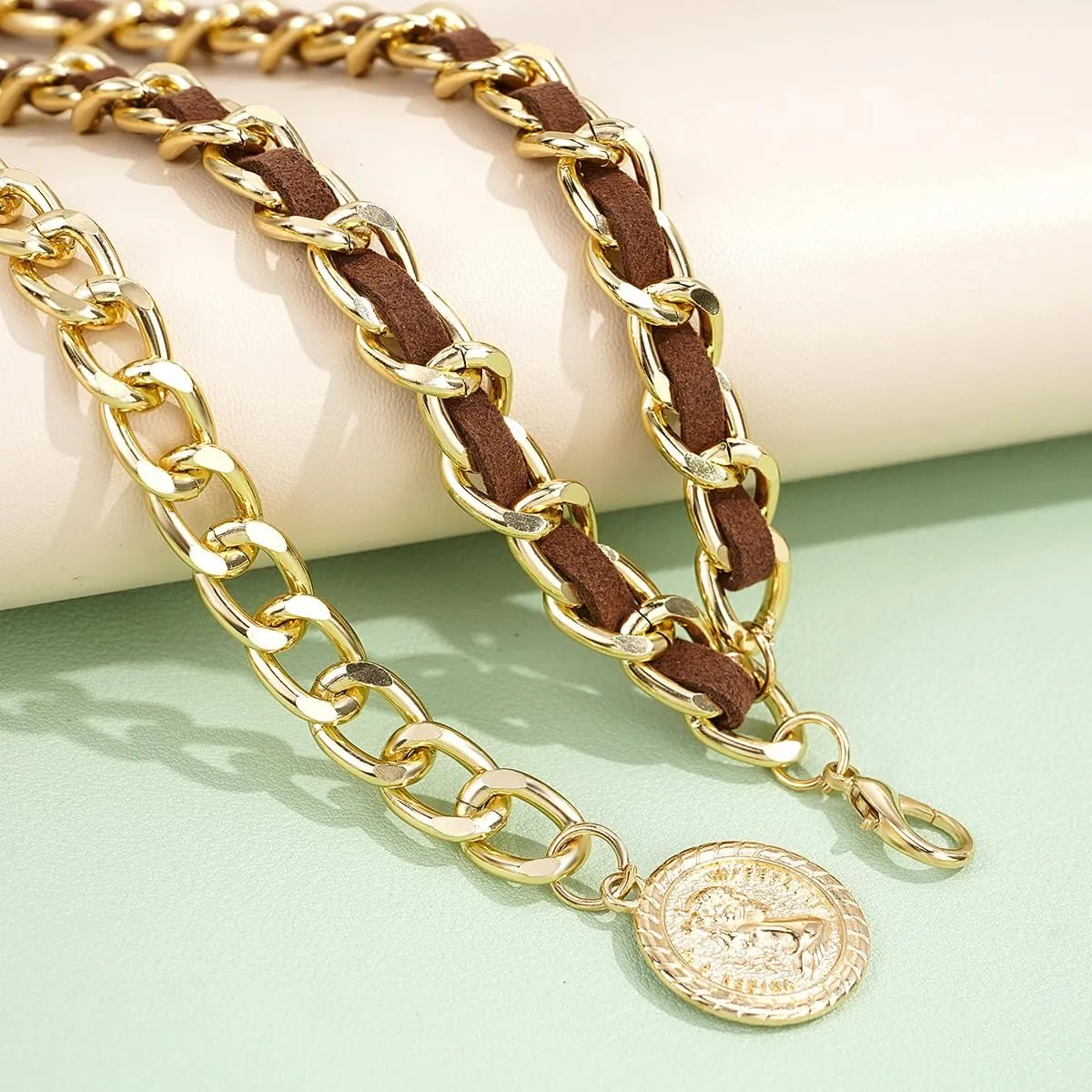 Leather Chain Belts for Women Girls, Layered Body Chain Belts Metal Waist Chain for Dress Vest Jeans