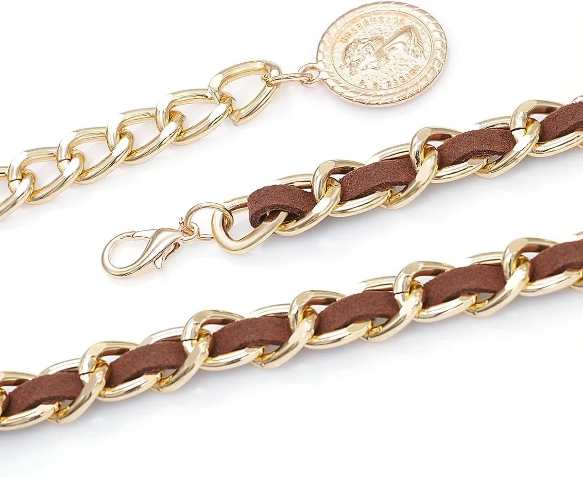 Leather Chain Belts for Women Girls, Layered Body Chain Belts Metal Waist Chain for Dress Vest Jeans