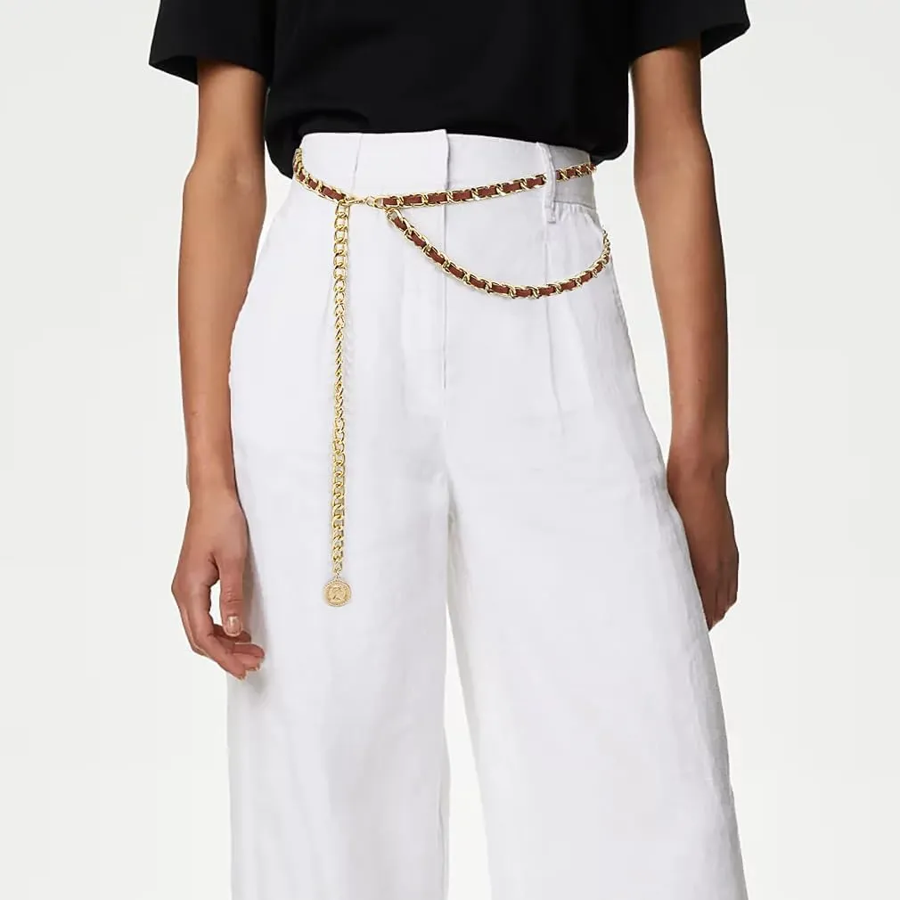 Leather Chain Belts for Women Girls, Layered Body Chain Belts Metal Waist Chain for Dress Vest Jeans