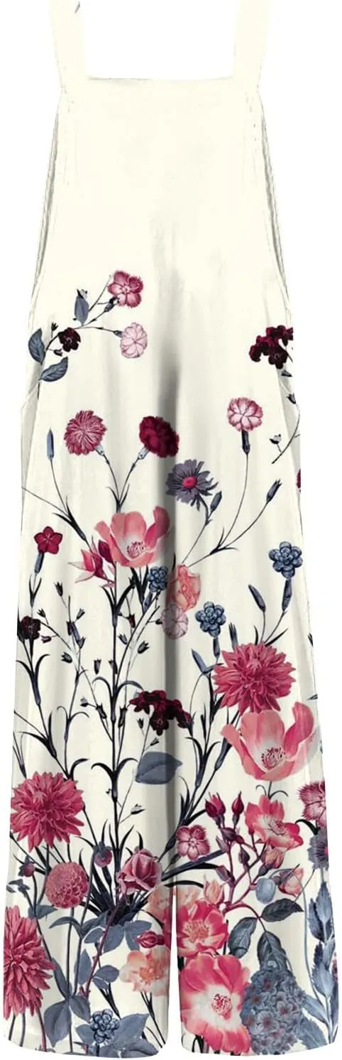 Linen Jumpsuits for Women Adjustable Straps Sleeveless Floral Printed Summer Overalls Linen Rompers with Pockets