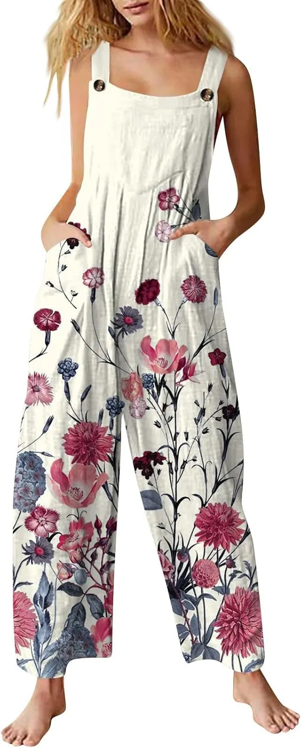Linen Jumpsuits for Women Adjustable Straps Sleeveless Floral Printed Summer Overalls Linen Rompers with Pockets