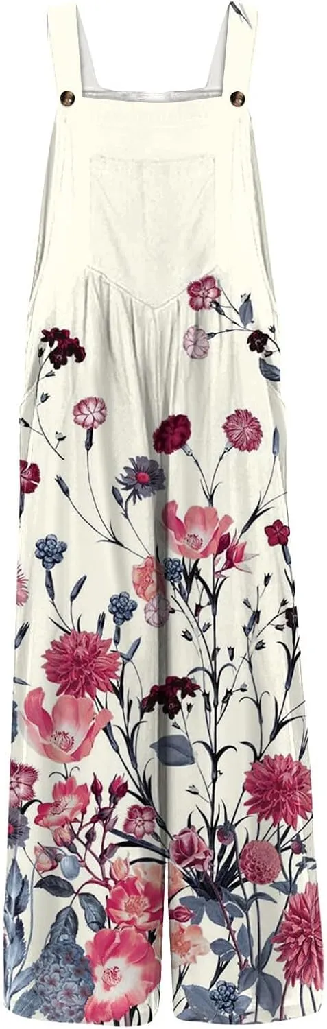 Linen Jumpsuits for Women Adjustable Straps Sleeveless Floral Printed Summer Overalls Linen Rompers with Pockets