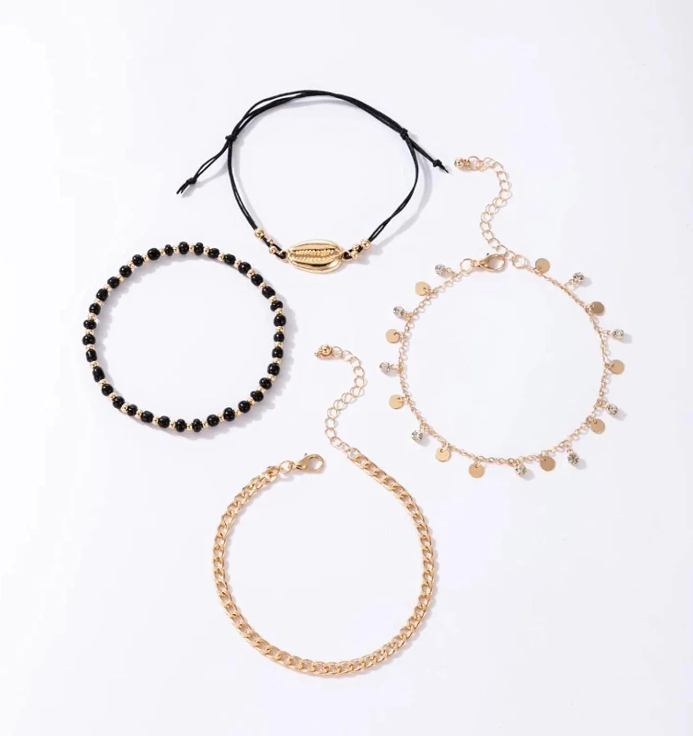 LOKILOKI 4pcs/Set Boho Shell Beaded Foot Chain for Women Charms Gold Color Rhinestone Tassel Anklets Summer Jewelry Gift