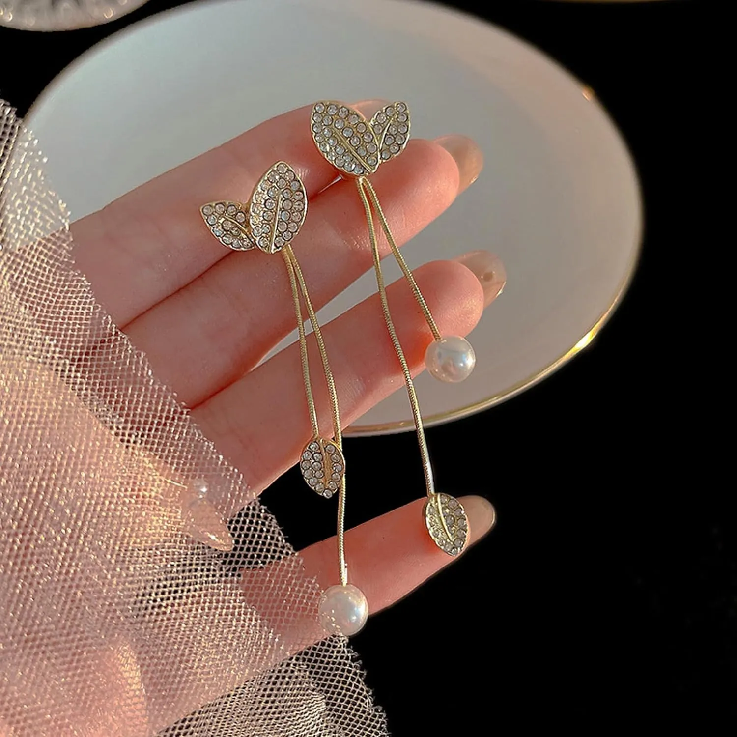 Long Pearl Drop Dangle Earrings for Women Gold Tassel Tiny Pearl Chain Earrings Wedding Earrings Jewelry