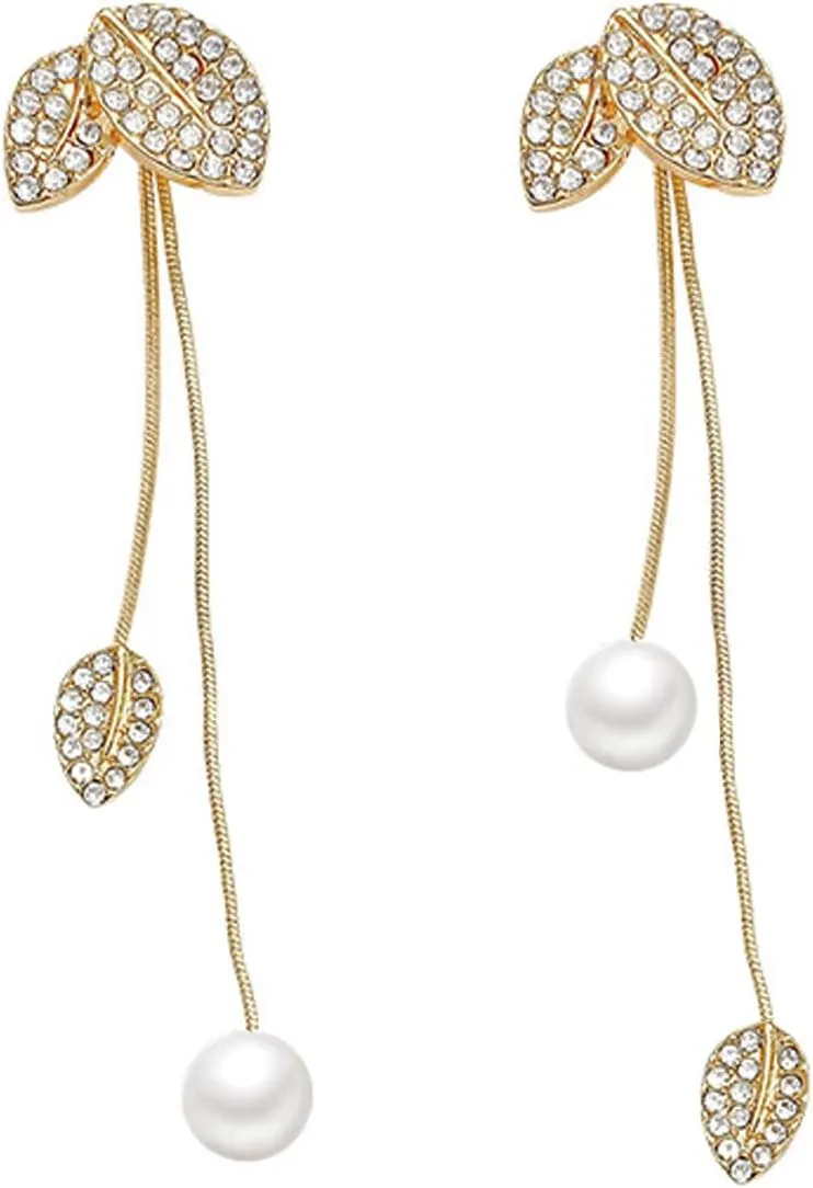 Long Pearl Drop Dangle Earrings for Women Gold Tassel Tiny Pearl Chain Earrings Wedding Earrings Jewelry