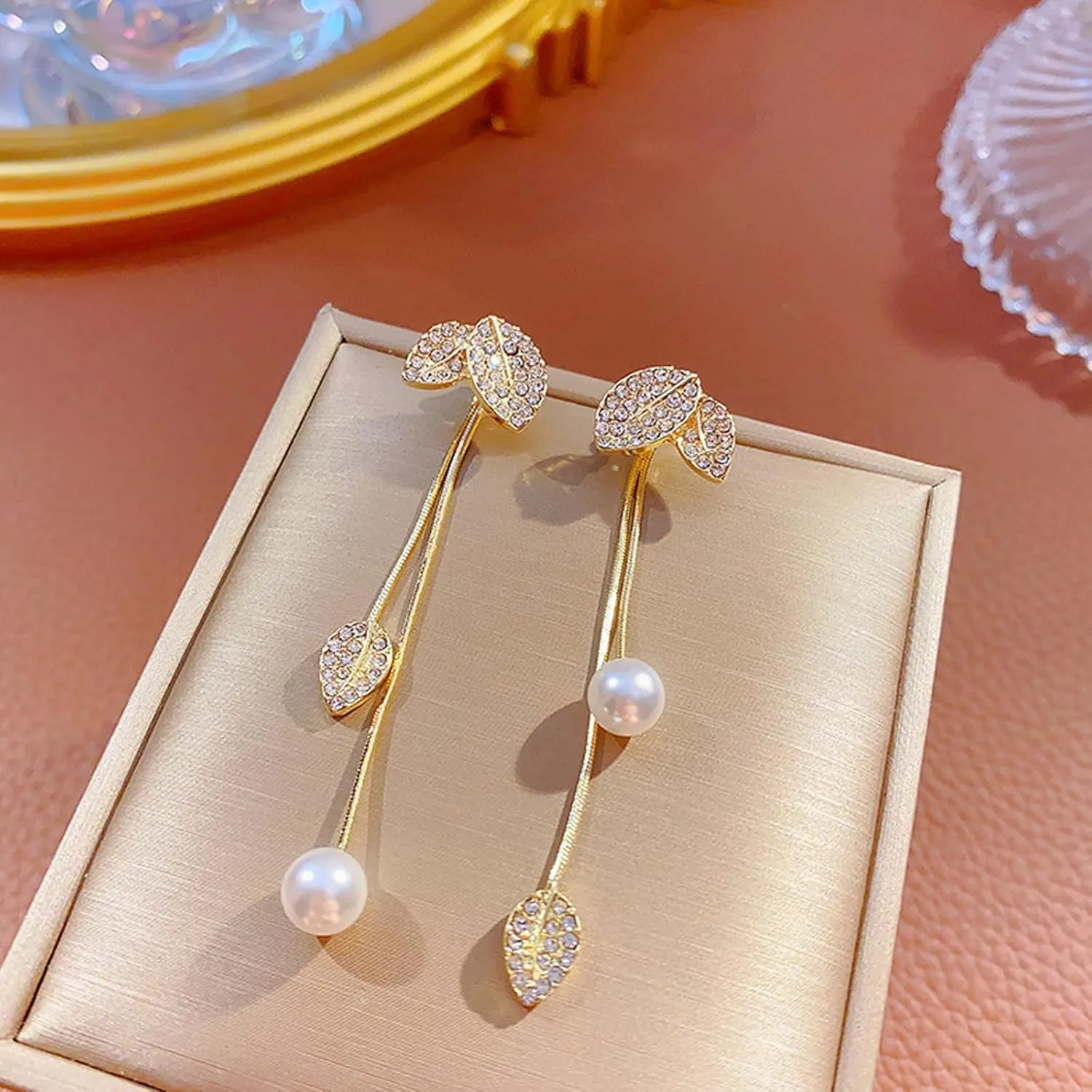 Long Pearl Drop Dangle Earrings for Women Gold Tassel Tiny Pearl Chain Earrings Wedding Earrings Jewelry