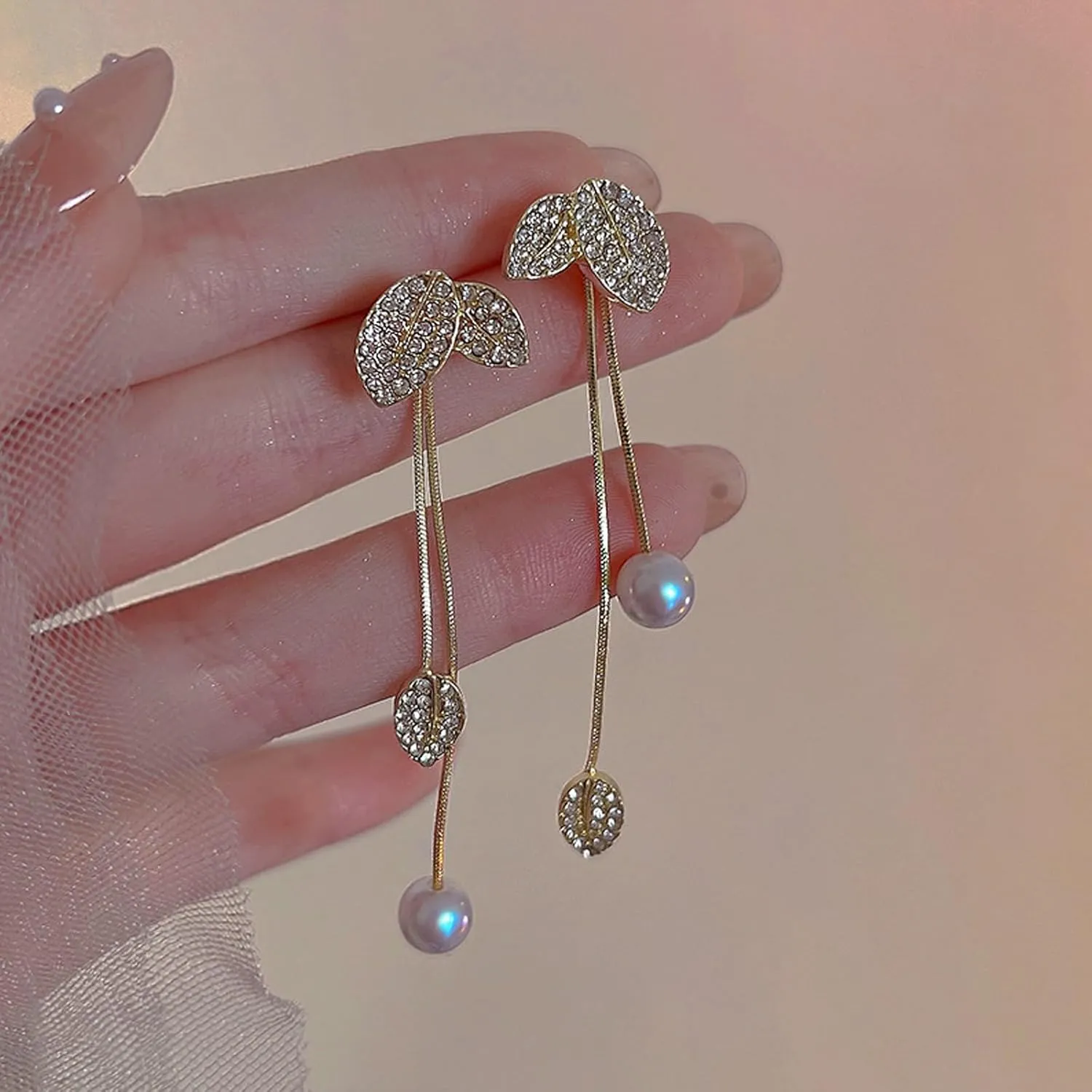 Long Pearl Drop Dangle Earrings for Women Gold Tassel Tiny Pearl Chain Earrings Wedding Earrings Jewelry