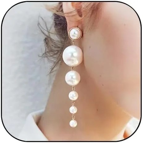 Long Pearl Earrings for Women Pearl Dangle Earrings Big Pearl Drop Earrings Gold Pearl Chain Earrings Wedding Bridal Earrings for Women