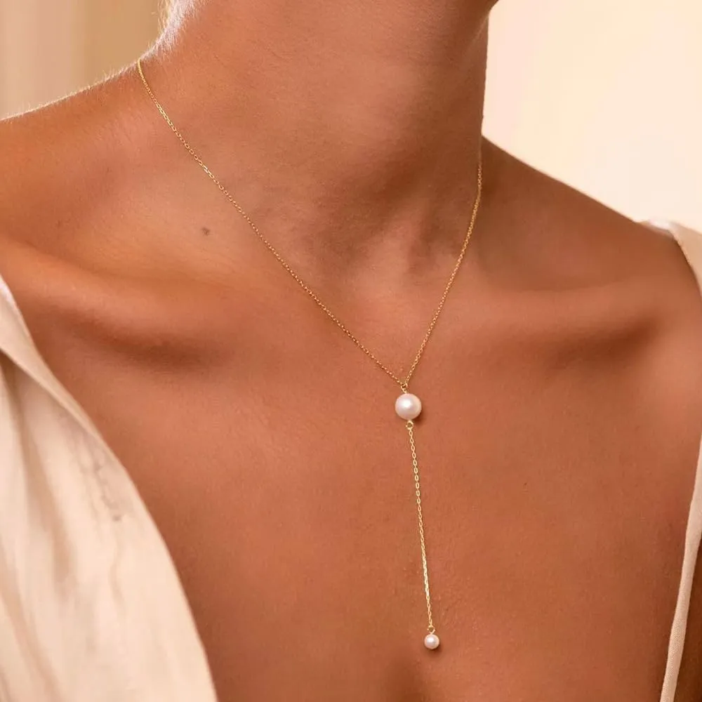 Long Pearl Necklaces for Women 14k Gold Lariat Pearl Pedant Necklace Dainty Y-Shaped Pearl Drop Choker Necklace Minimalist Pearl Necklaces Jewelry