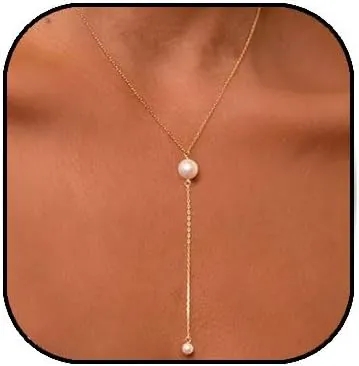 Long Pearl Necklaces for Women 14k Gold Lariat Pearl Pedant Necklace Dainty Y-Shaped Pearl Drop Choker Necklace Minimalist Pearl Necklaces Jewelry