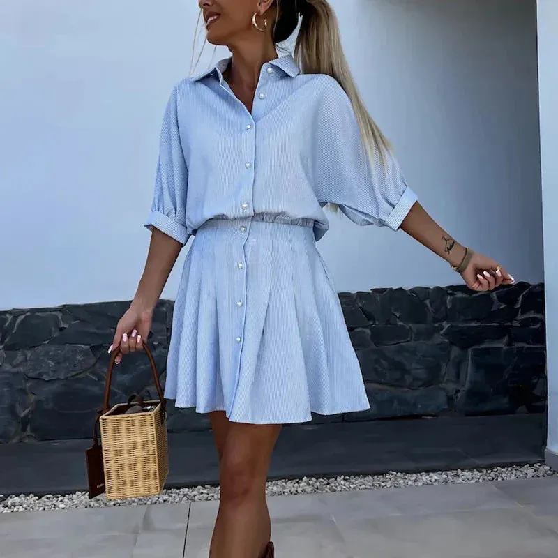 Long Sleeve Beach Striped Print Boho Lapel Neck Shirt Top Mini Skirts Women Set