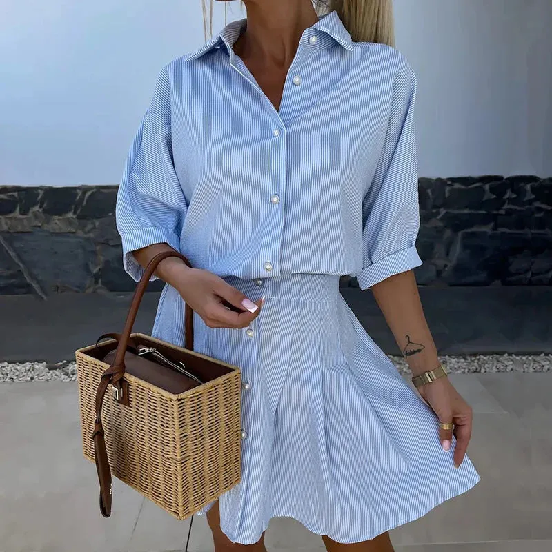 Long Sleeve Beach Striped Print Boho Lapel Neck Shirt Top Mini Skirts Women Set