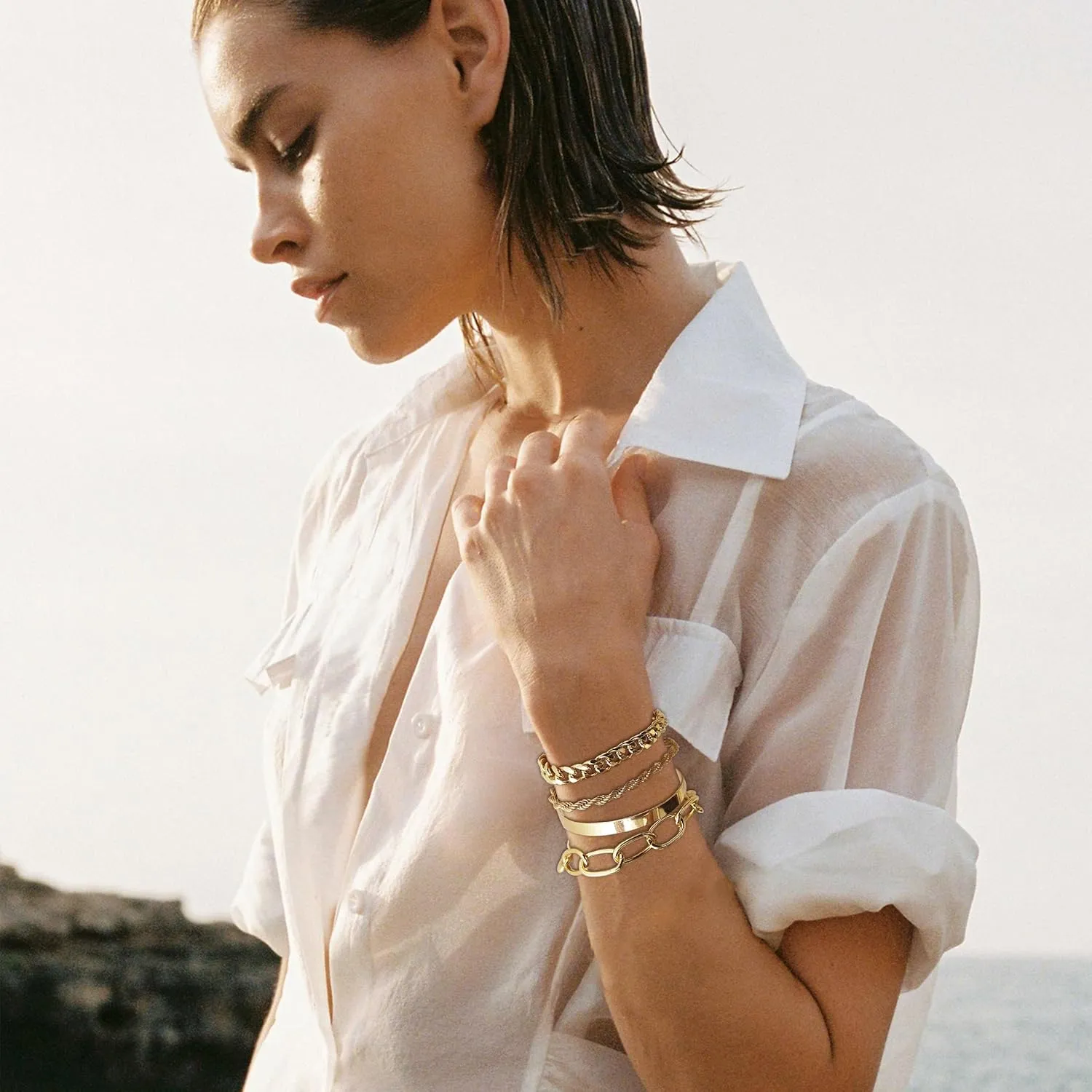 Long tiantian Gold Bracelet Stack Chunky Gold Bracelet for Women Dainty Gold Bracelets Pulseras Para Mujer Chain Link Stackable Bracelets for Women Gold Jewelry