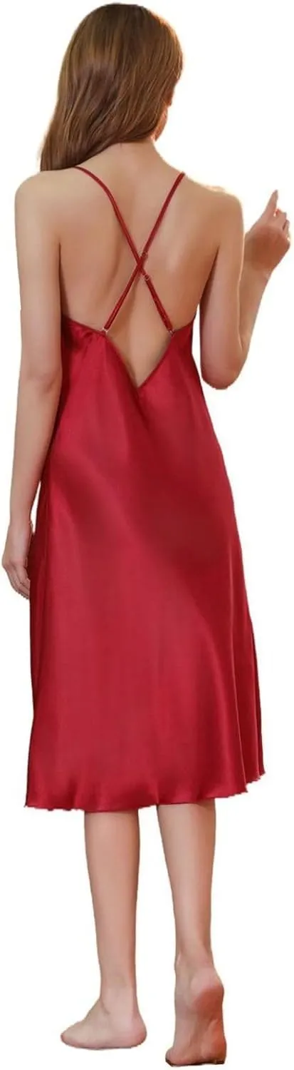 Lu's Chic Women's Sexy Chemise Slip Nightgown Satin Pjs Silky Summer Soft Cami Sleeveless Spring Sleep Dress Loose Sleepwear