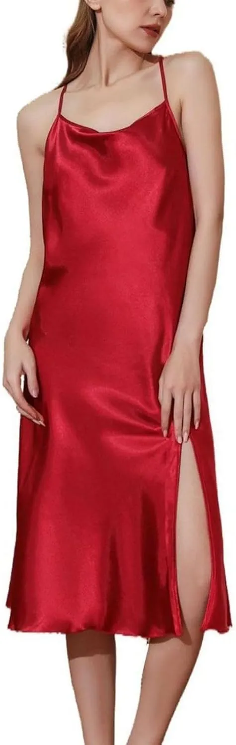 Lu's Chic Women's Sexy Chemise Slip Nightgown Satin Pjs Silky Summer Soft Cami Sleeveless Spring Sleep Dress Loose Sleepwear