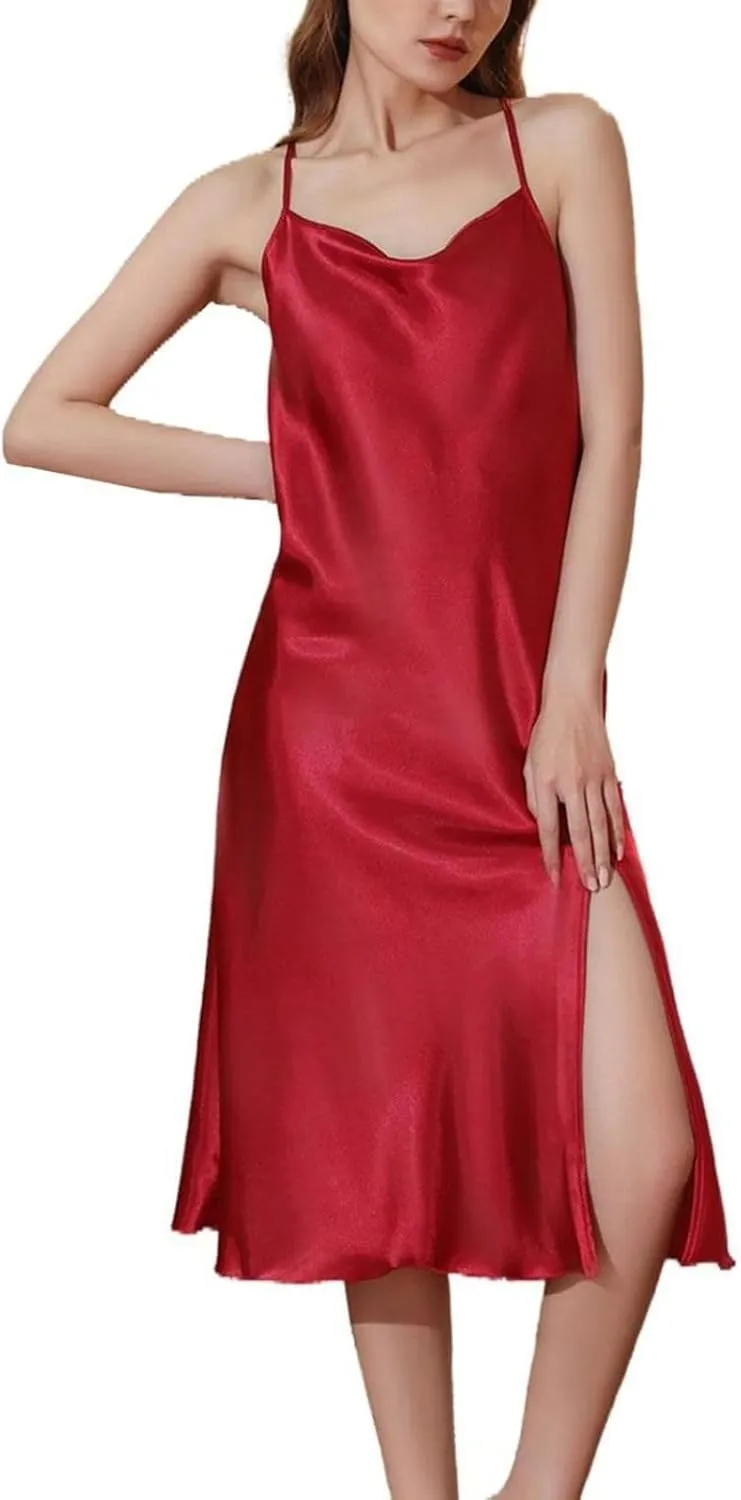 Lu's Chic Women's Sexy Chemise Slip Nightgown Satin Pjs Silky Summer Soft Cami Sleeveless Spring Sleep Dress Loose Sleepwear