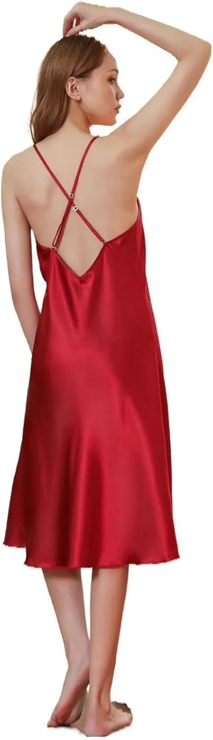 Lu's Chic Women's Sexy Chemise Slip Nightgown Satin Pjs Silky Summer Soft Cami Sleeveless Spring Sleep Dress Loose Sleepwear
