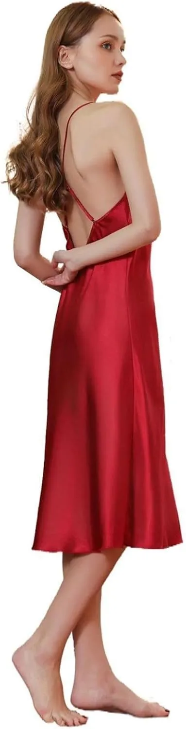 Lu's Chic Women's Sexy Chemise Slip Nightgown Satin Pjs Silky Summer Soft Cami Sleeveless Spring Sleep Dress Loose Sleepwear