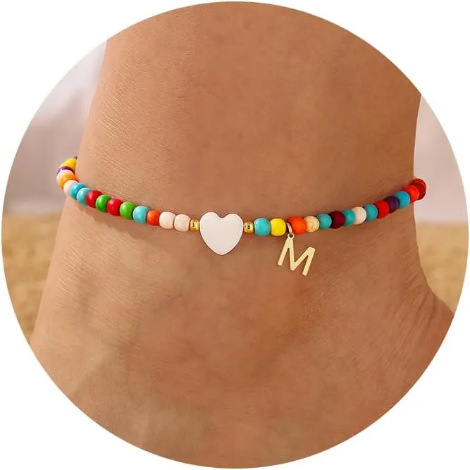 M MOOHAM Colorful Ankle Bracelets for Women - Cute Beaded Initial Ankle Bracelet Bohemian Anklets,Simple Charm Anklets, Jewelry Gifts for Women Birthday Ideas