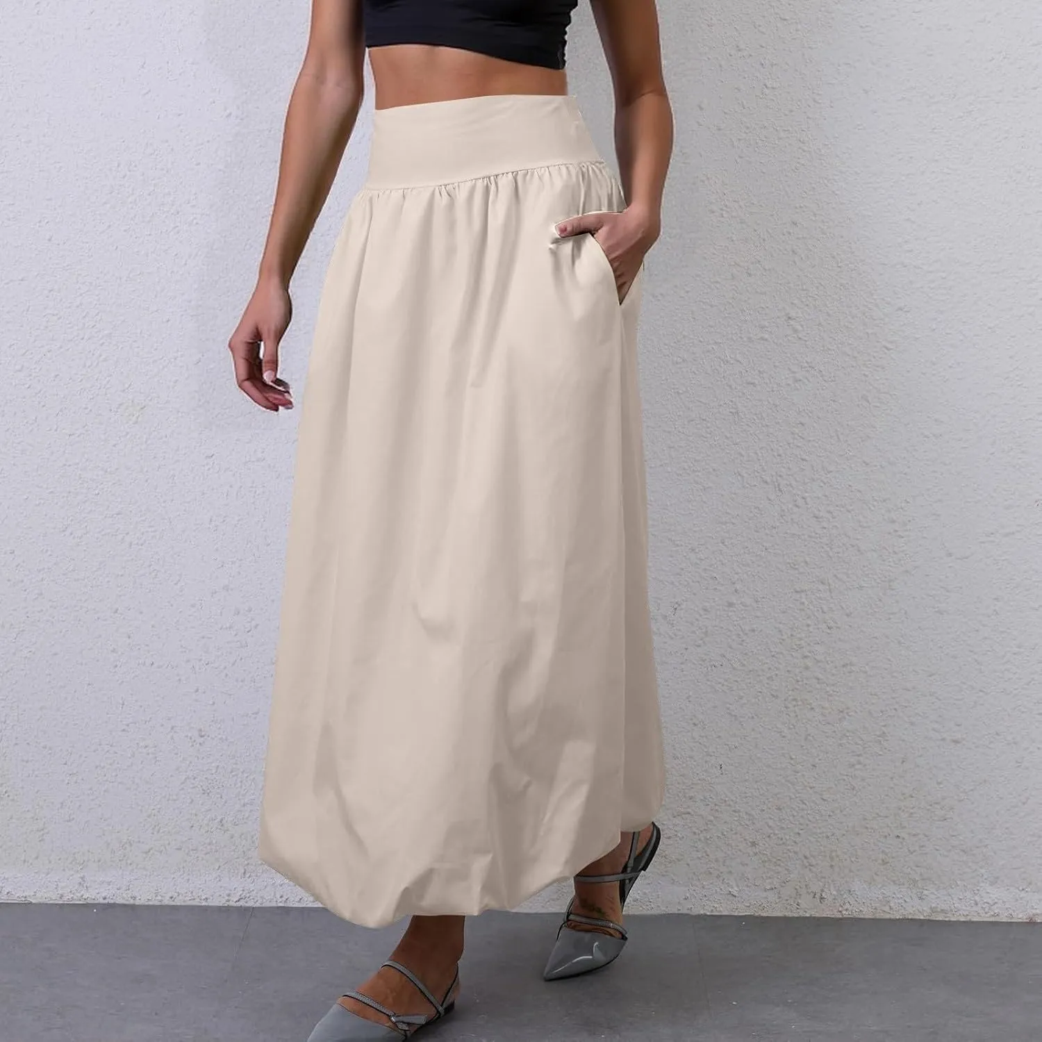 Maxi Bubble Skirts for Women Elastic High Waisted A Line Pleated Skirt Trendy Summer Flowy Long Skirt with Pockets