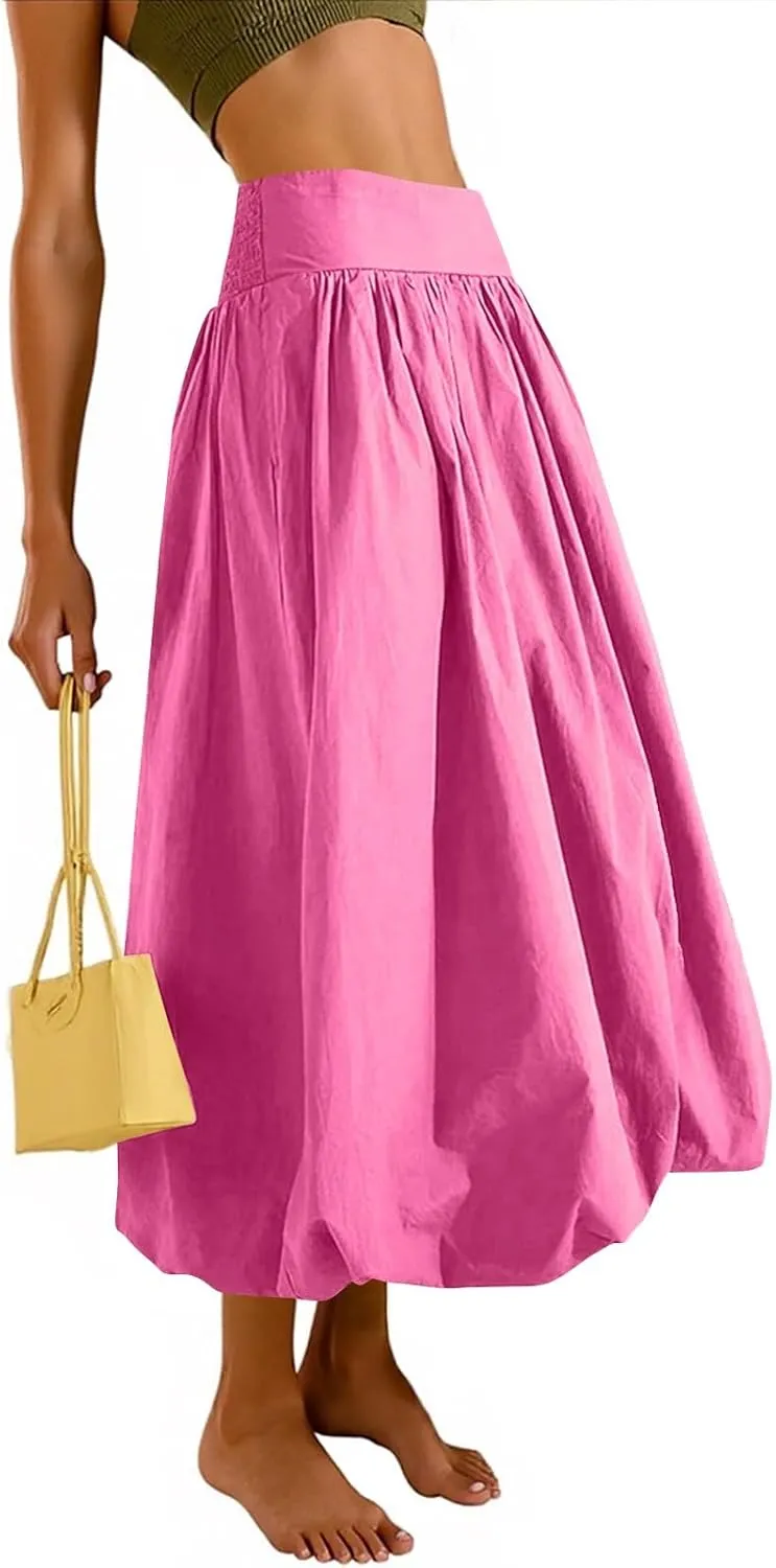 Maxi Bubble Skirts for Women Elastic High Waisted A Line Pleated Skirt Trendy Summer Flowy Long Skirt with Pockets