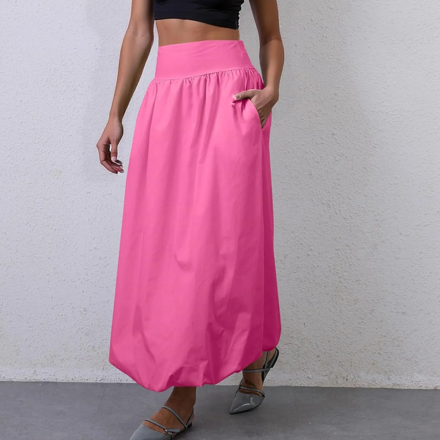 Maxi Bubble Skirts for Women Elastic High Waisted A Line Pleated Skirt Trendy Summer Flowy Long Skirt with Pockets