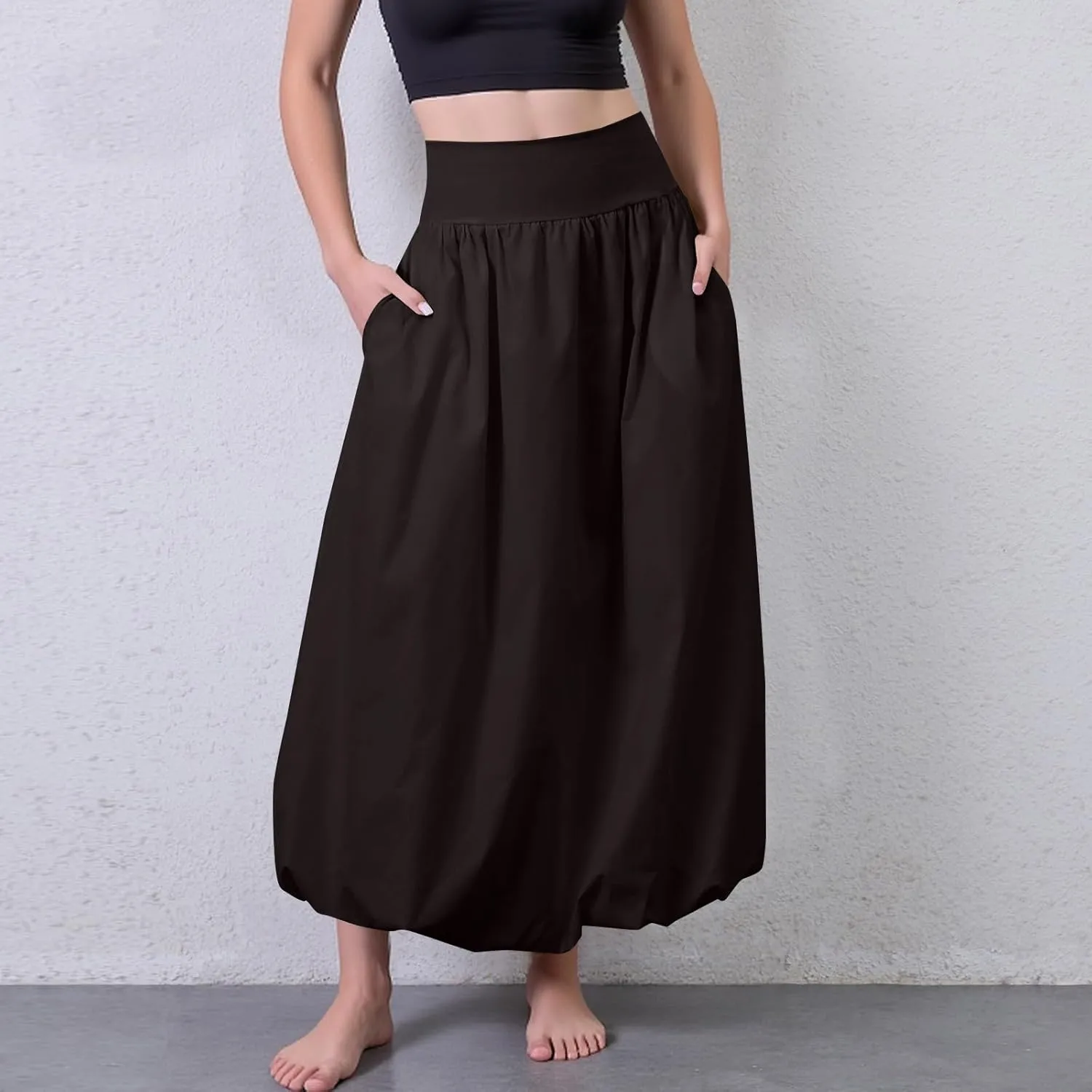 Maxi Bubble Skirts for Women Elastic High Waisted A Line Pleated Skirt Trendy Summer Flowy Long Skirt with Pockets
