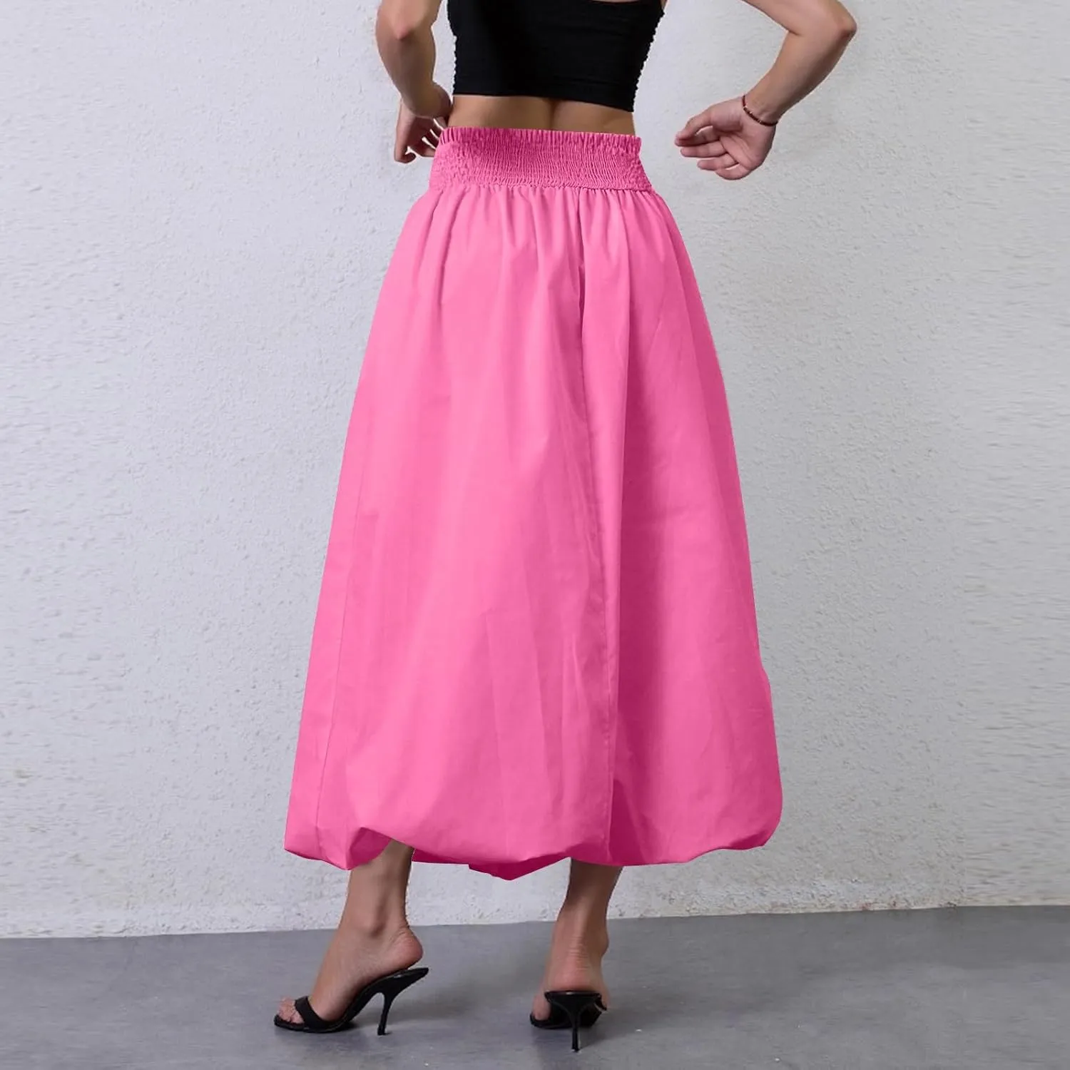 Maxi Bubble Skirts for Women Elastic High Waisted A Line Pleated Skirt Trendy Summer Flowy Long Skirt with Pockets