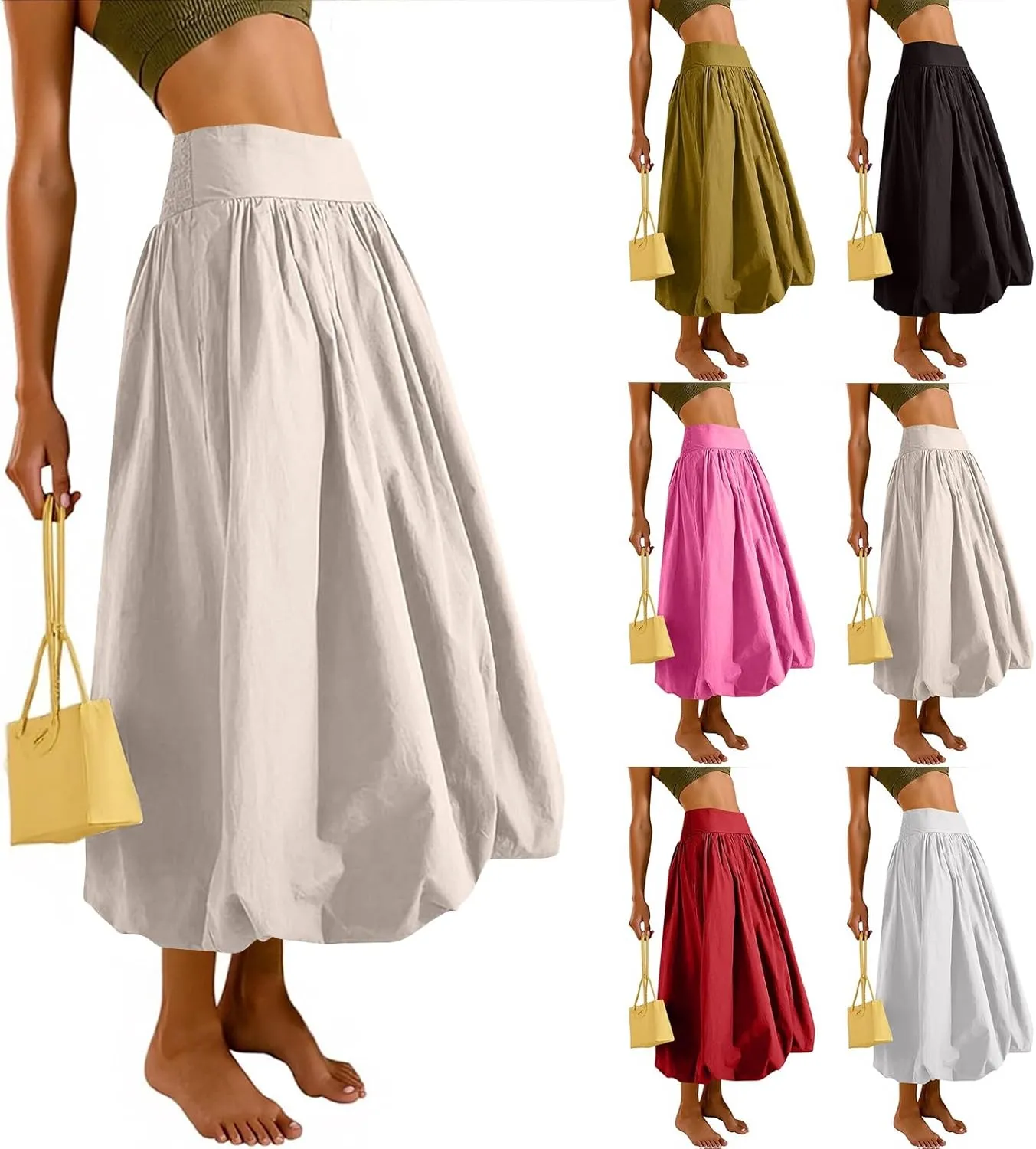 Maxi Bubble Skirts for Women Elastic High Waisted A Line Pleated Skirt Trendy Summer Flowy Long Skirt with Pockets