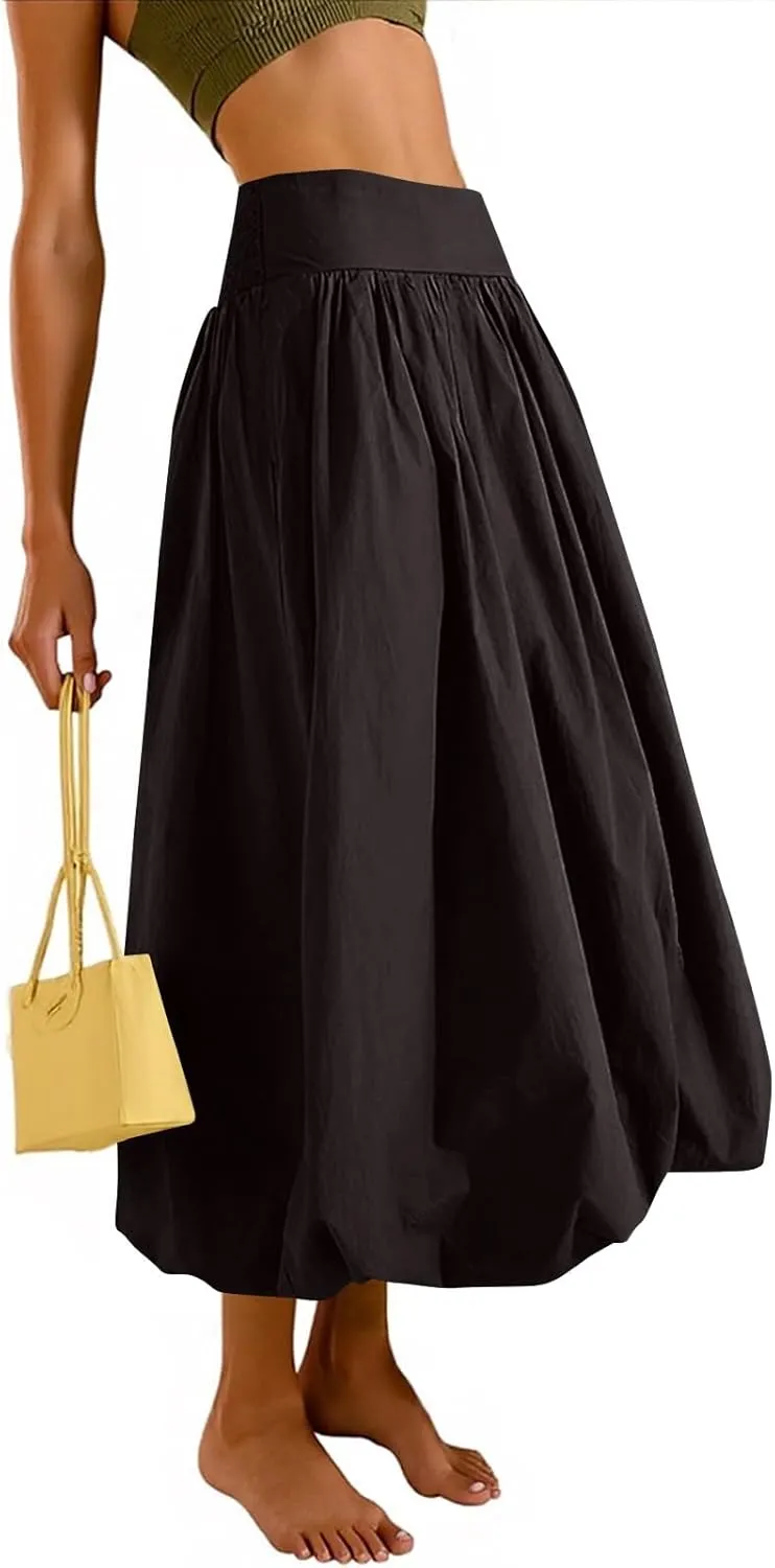Maxi Bubble Skirts for Women Elastic High Waisted A Line Pleated Skirt Trendy Summer Flowy Long Skirt with Pockets