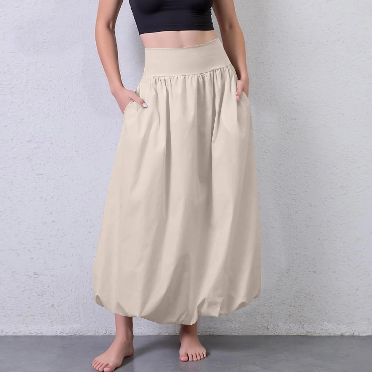 Maxi Bubble Skirts for Women Elastic High Waisted A Line Pleated Skirt Trendy Summer Flowy Long Skirt with Pockets