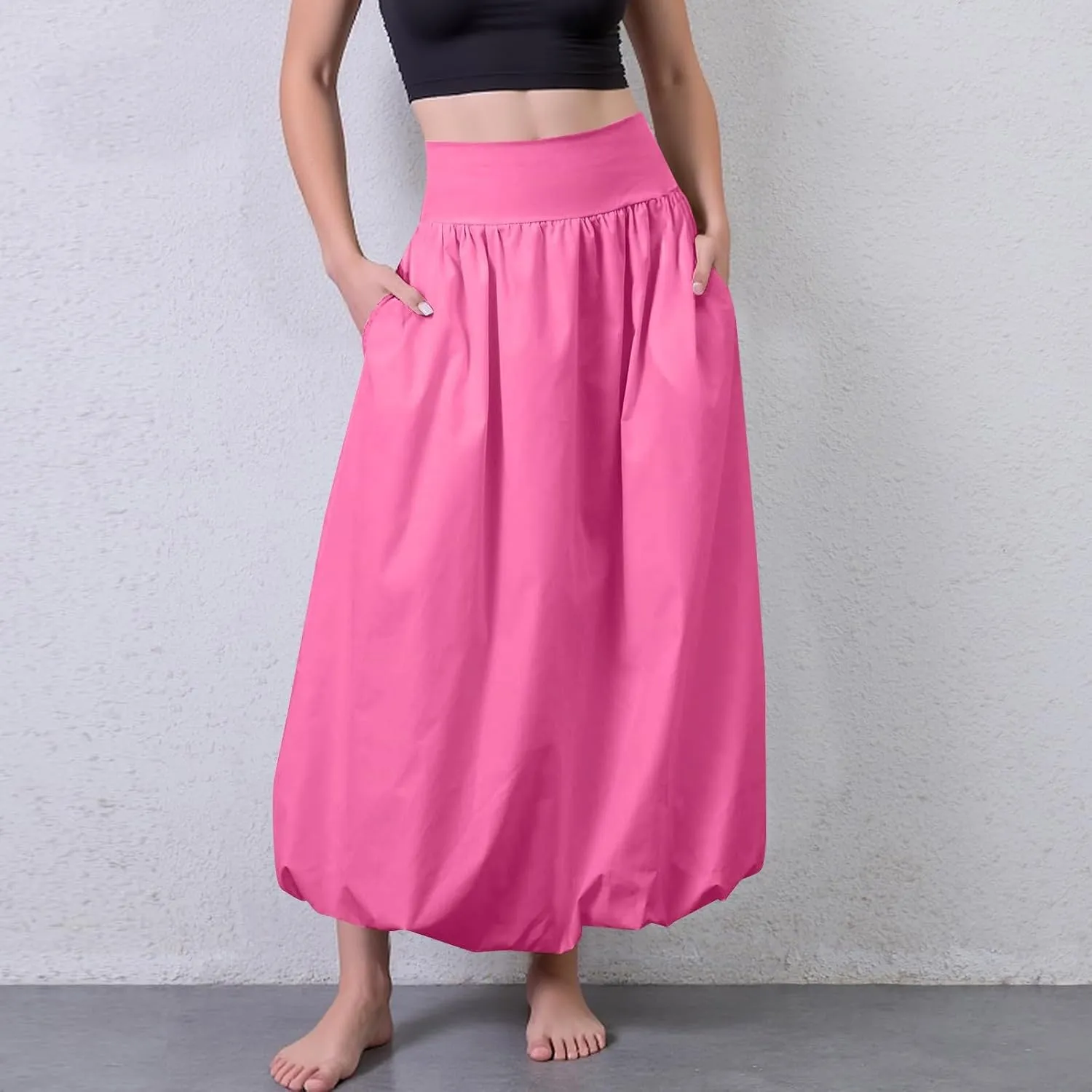 Maxi Bubble Skirts for Women Elastic High Waisted A Line Pleated Skirt Trendy Summer Flowy Long Skirt with Pockets