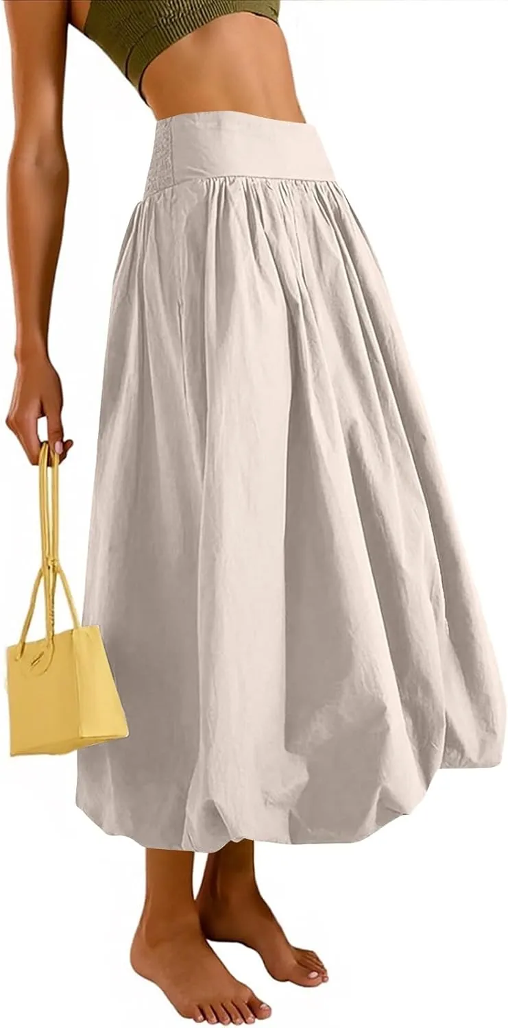 Maxi Bubble Skirts for Women Elastic High Waisted A Line Pleated Skirt Trendy Summer Flowy Long Skirt with Pockets