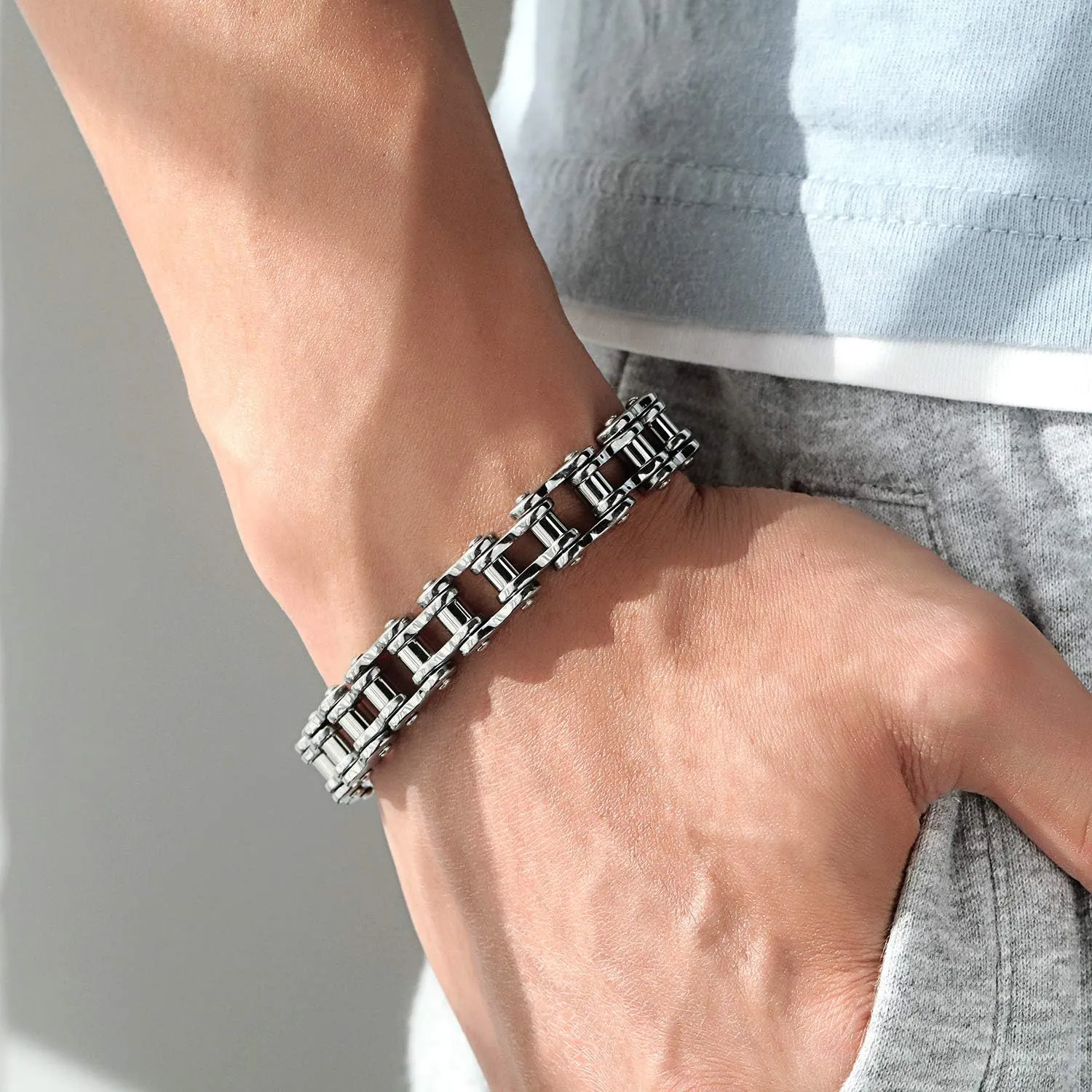 Men's Bicycle Bike Rocker Link Manly Motorcycle Chain Bracelets Fathers Day Stainless Steel Wide Masculine Bangle Wristband, 8.38 inches