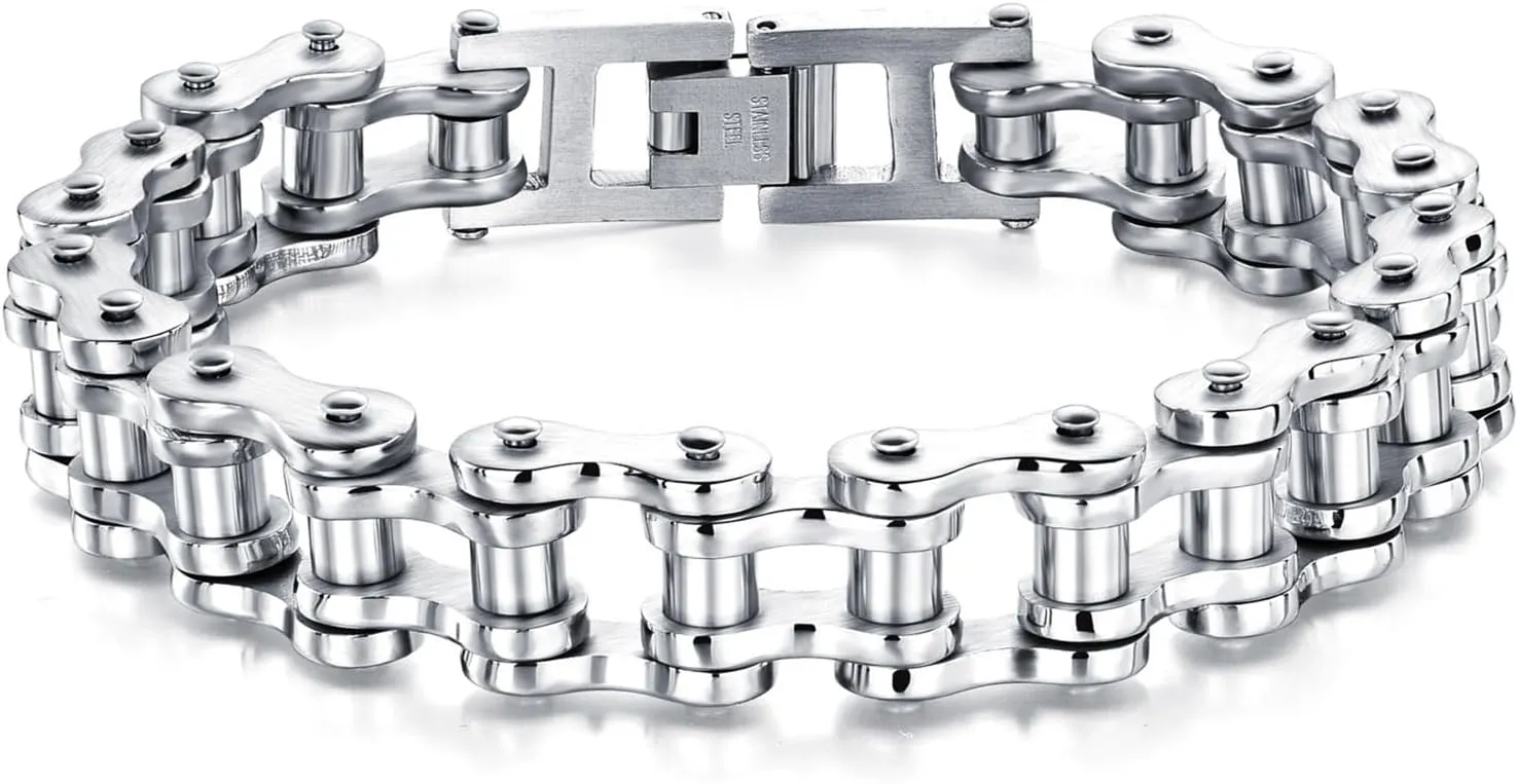 Men's Bicycle Bike Rocker Link Manly Motorcycle Chain Bracelets Fathers Day Stainless Steel Wide Masculine Bangle Wristband, 8.38 inches