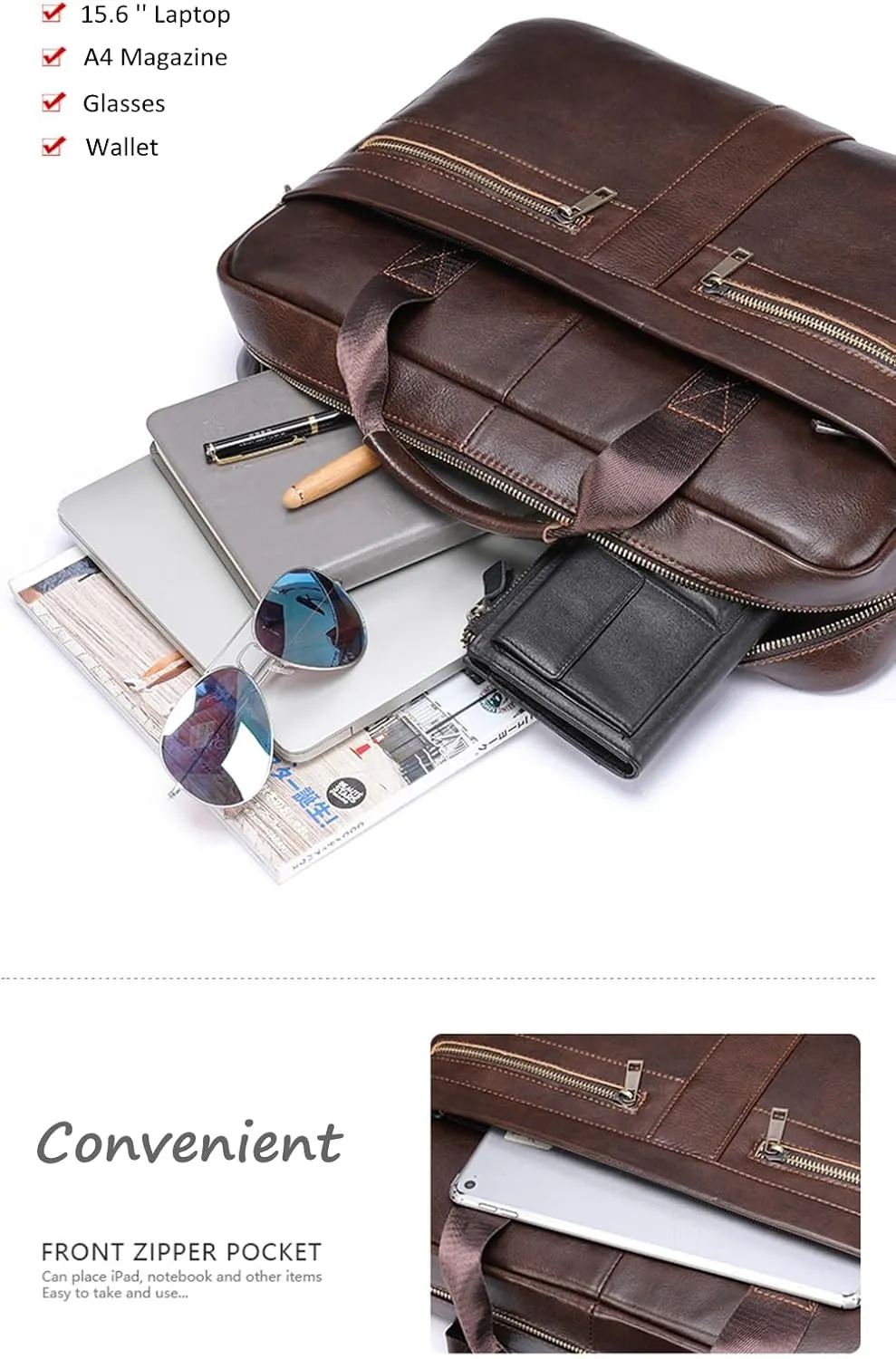 Mens Laptop Briefcase Top Leather Wear Resistant Business Satchel Computer Bag Fits 14 Inch Laptop