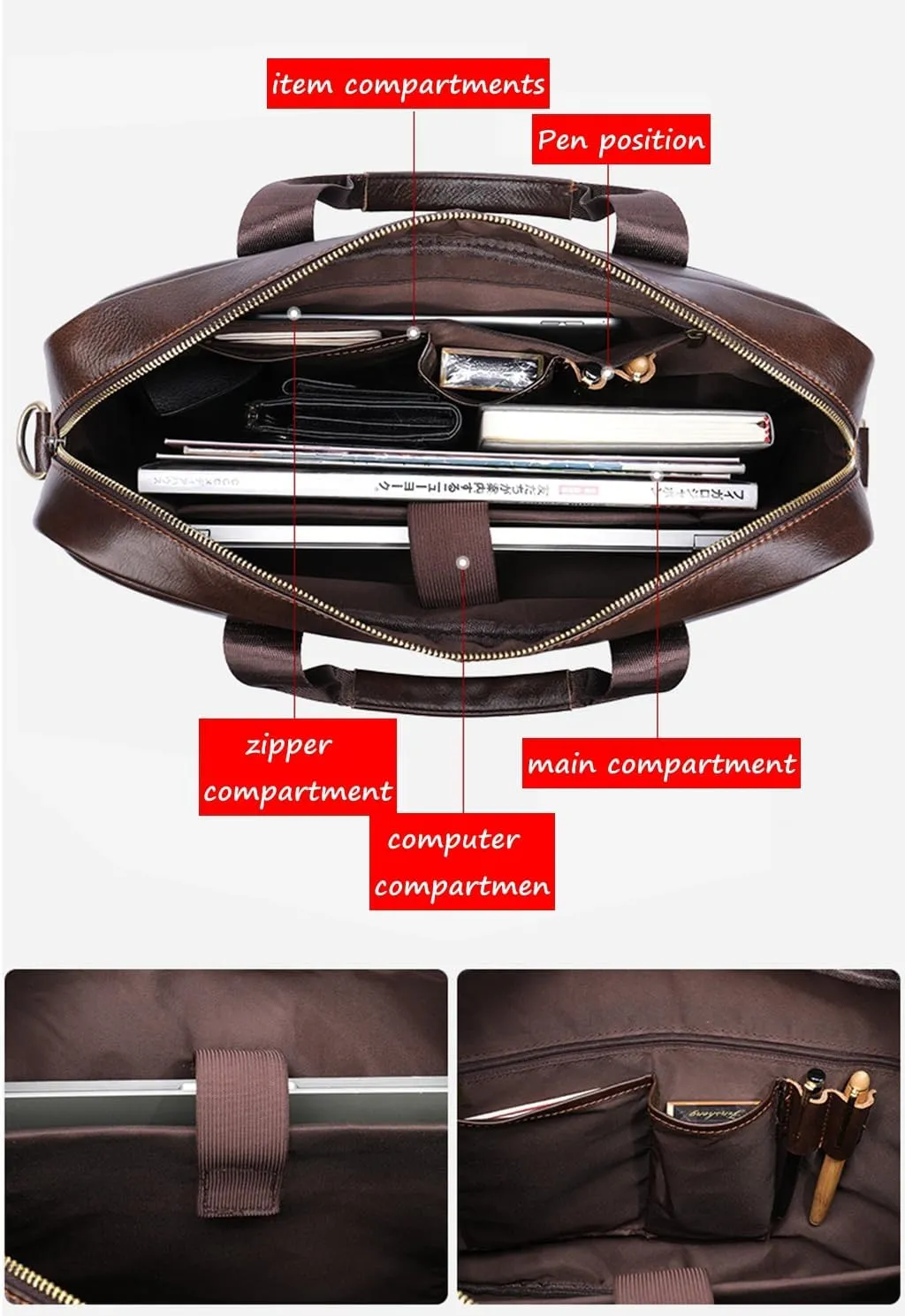 Mens Laptop Briefcase Top Leather Wear Resistant Business Satchel Computer Bag Fits 14 Inch Laptop