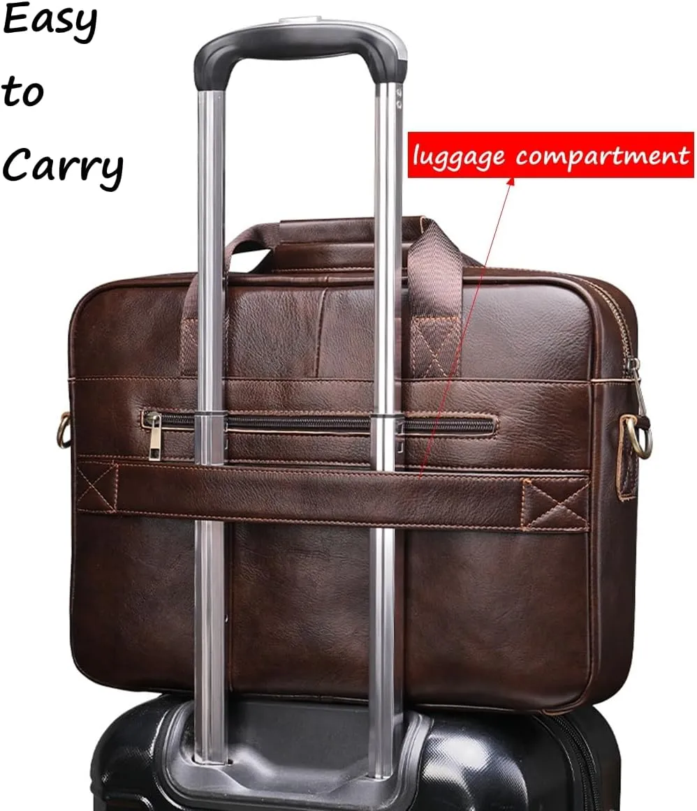 Mens Laptop Briefcase Top Leather Wear Resistant Business Satchel Computer Bag Fits 14 Inch Laptop
